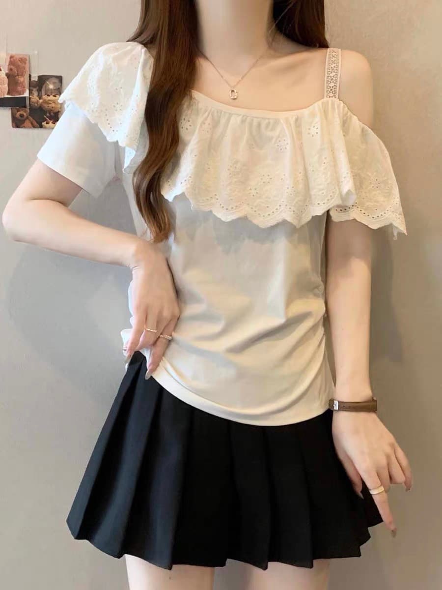 210 그램 좋은 면 빅 사이즈 여성 의류 지방 mm 프랑스식 프릴 꽃잎 비스듬한 어깨 반팔 티셔츠 여성 레이스 맨위 상세 이미지 2