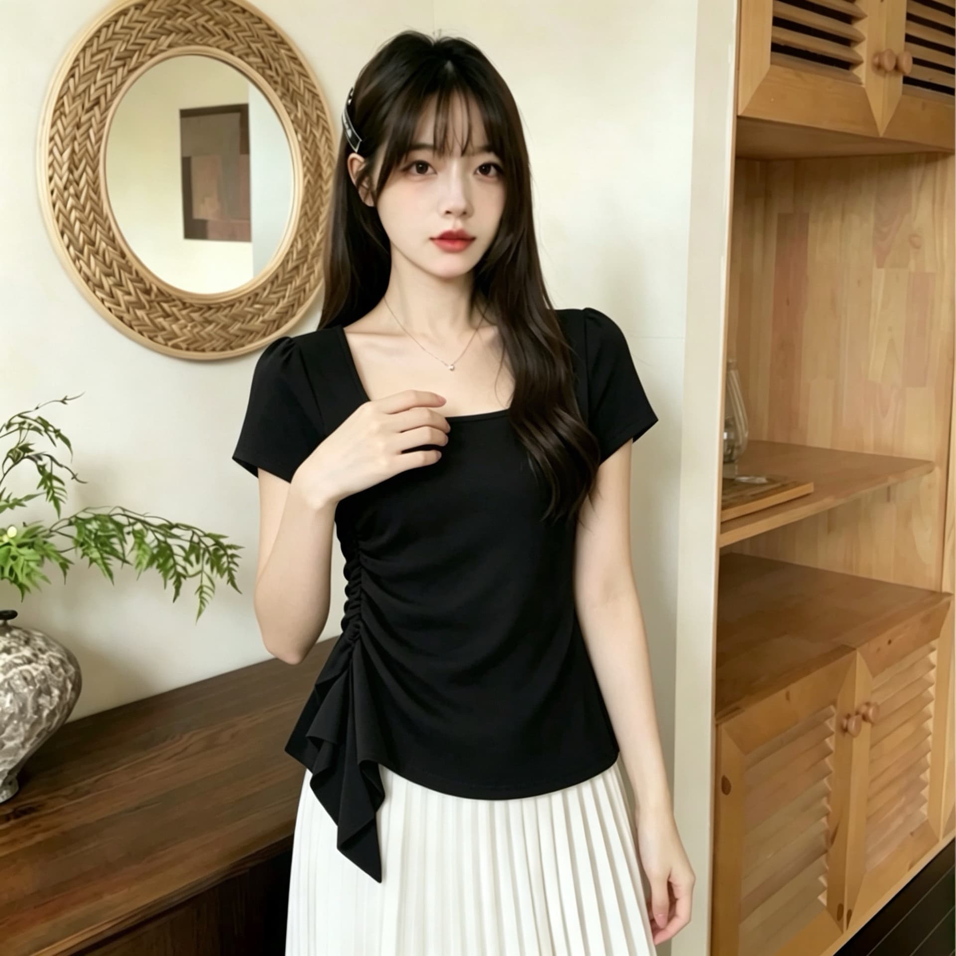 실사 210 그램 좋은 면 빅 사이즈 광장 칼라 허리 수축 한 부서 티셔츠 패션 슬림해 보이는 다용도 고급 디자인 센스 기본 셔츠 이미지 5
