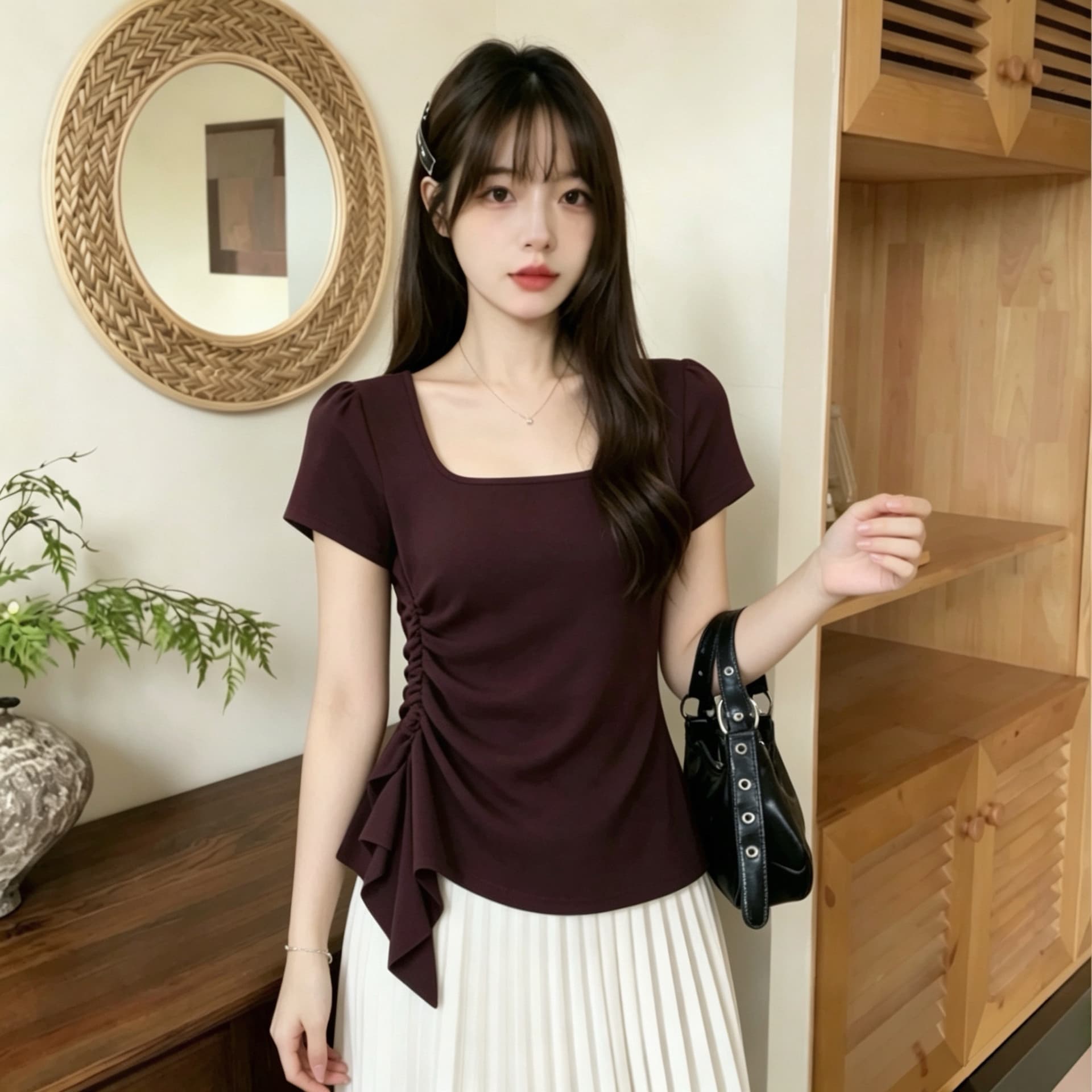실사 210 그램 좋은 면 빅 사이즈 광장 칼라 허리 수축 한 부서 티셔츠 패션 슬림해 보이는 다용도 고급 디자인 센스 기본 셔츠 상세 이미지 6