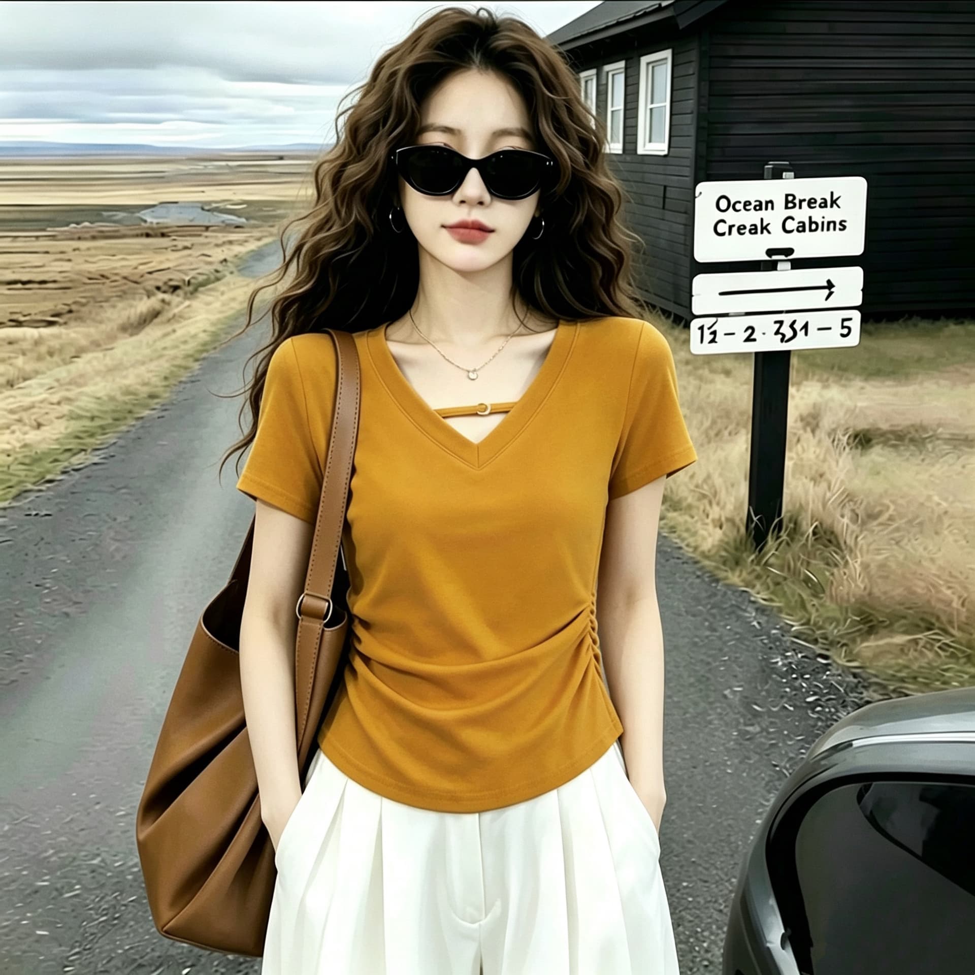 실사 210 그램 좋은 면 2026 여름 V넥 반팔 티셔츠 여성 프랑스식 연령 감소 품격 슬림해 보이는 디자인 센스 맨위 상세 이미지 5