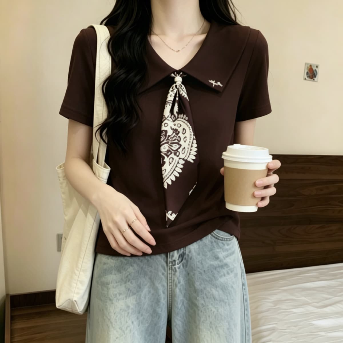 실사 210 그램 좋은 면 빅 사이즈 고급 센스 레트로 넥타이 반팔 POLO 칼라 티셔츠 여름 루즈핏 폴로 칼라 맨위 상세 이미지 2