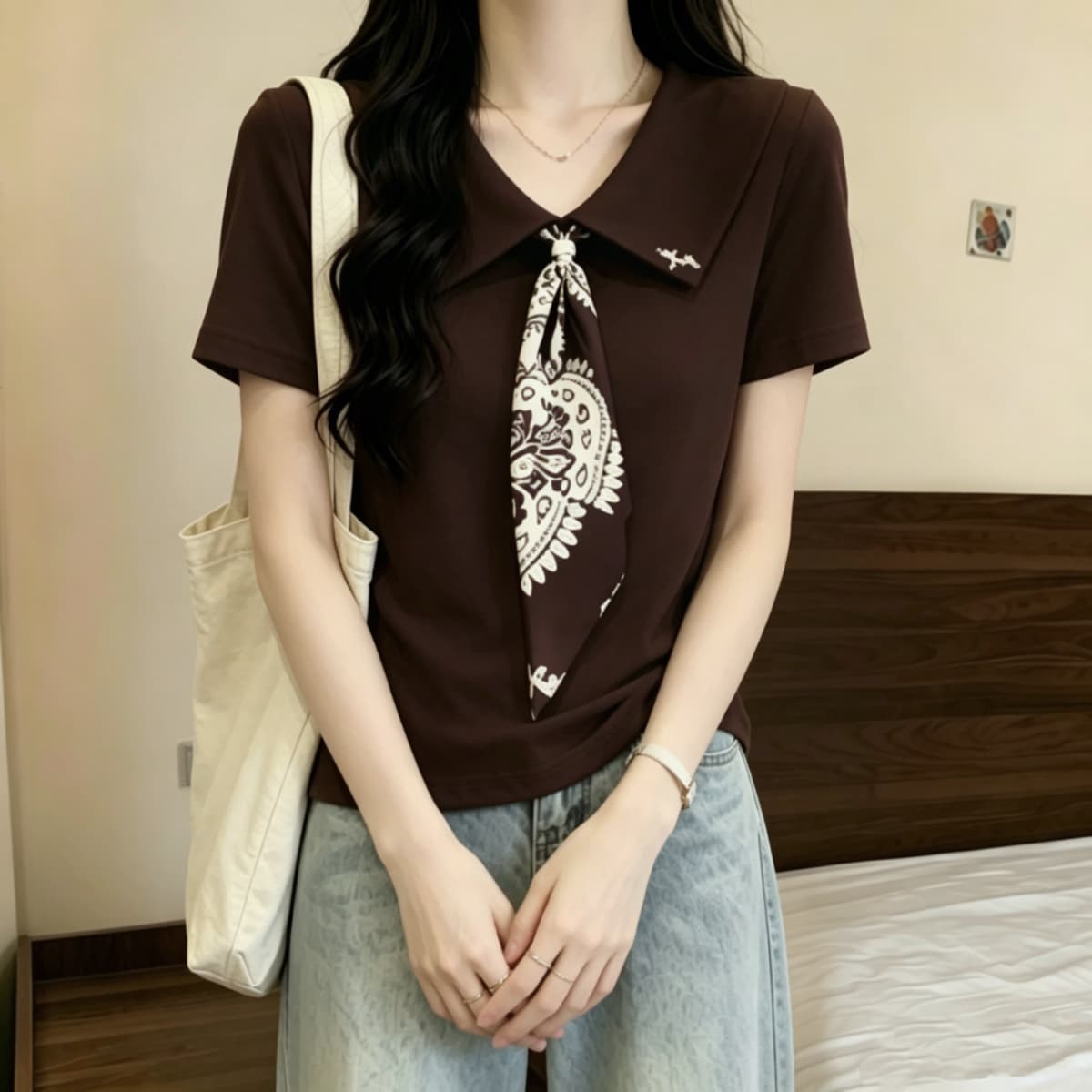 실사 210 그램 좋은 면 빅 사이즈 고급 센스 레트로 넥타이 반팔 POLO 칼라 티셔츠 여름 루즈핏 폴로 칼라 맨위 상세 이미지 3