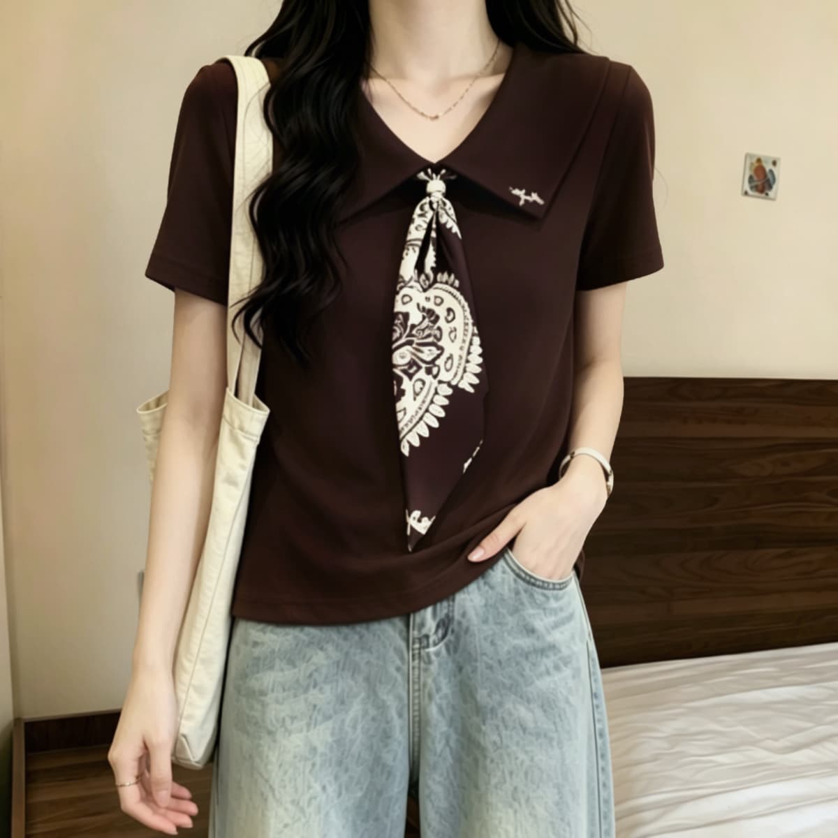 실사 210 그램 좋은 면 빅 사이즈 고급 센스 레트로 넥타이 반팔 POLO 칼라 티셔츠 여름 루즈핏 폴로 칼라 맨위 상세 이미지 4