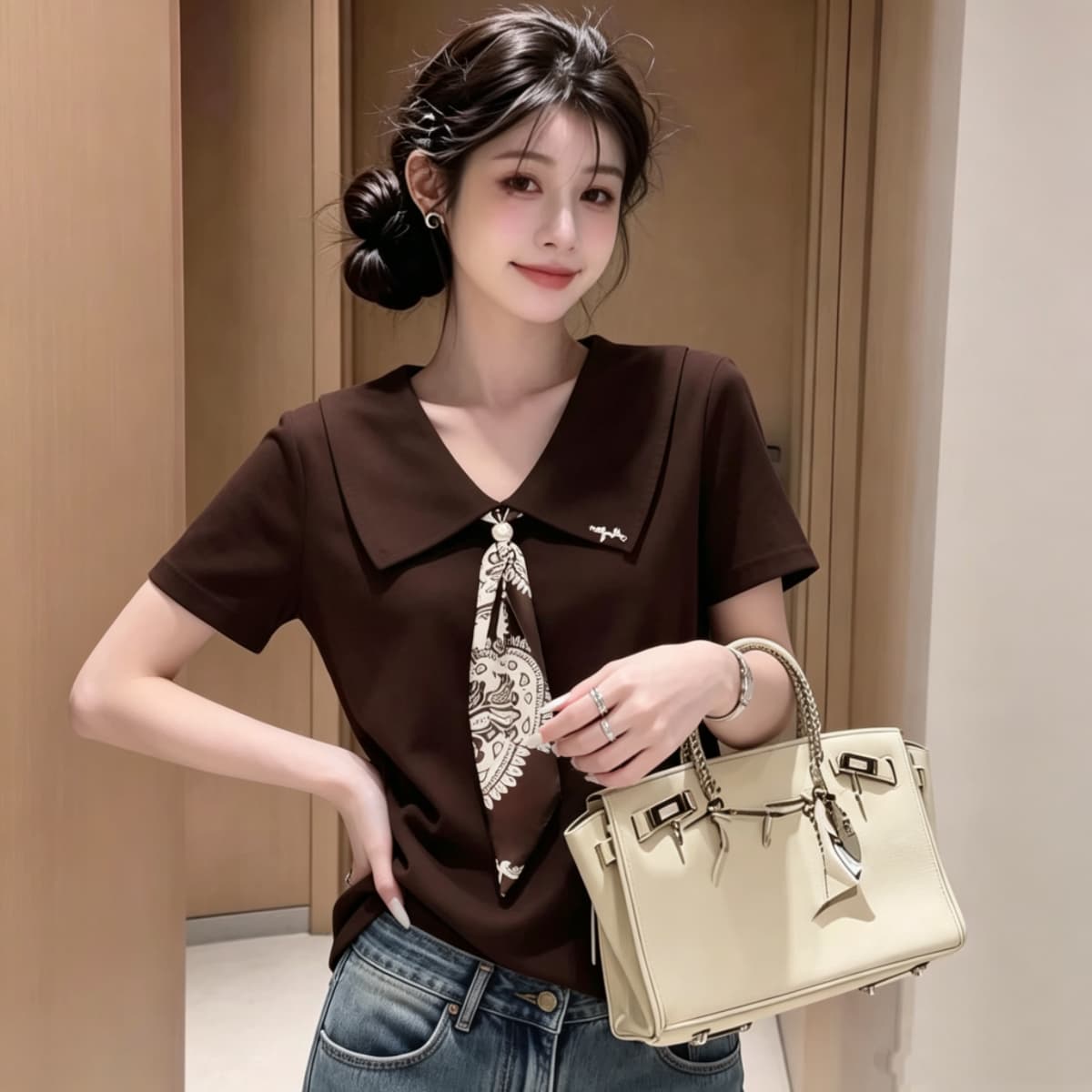실사 210 그램 좋은 면 빅 사이즈 고급 센스 레트로 넥타이 반팔 POLO 칼라 티셔츠 여름 루즈핏 폴로 칼라 맨위 상세 이미지 2