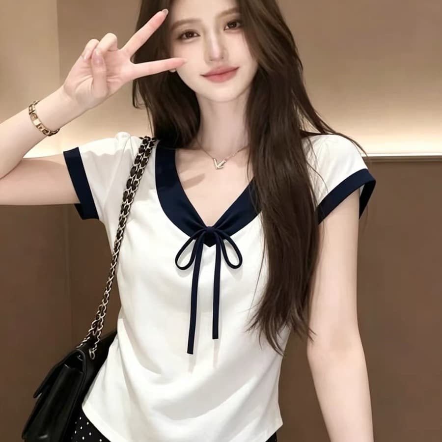 실사 210 그램 좋은 면 빅 사이즈 여성 의류 2026 여름 새로운 프랑스식 부드러운 나비 넥타이 반팔 티셔츠 이미지 5