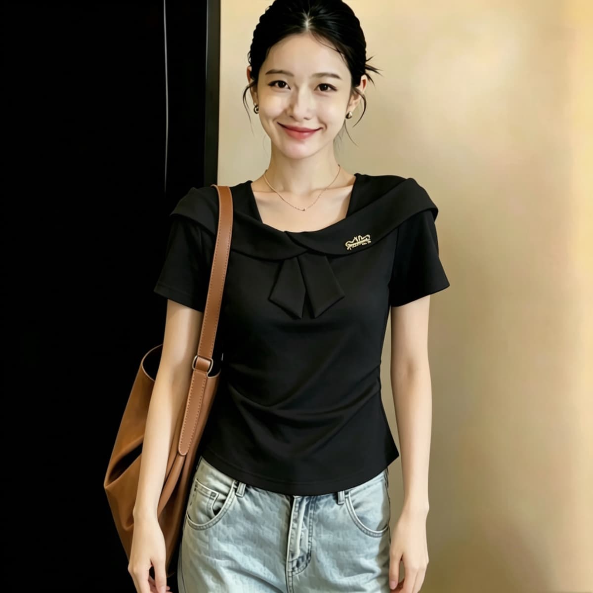 실사 210 그램 좋은 면 빅 사이즈 고급 센스 해군 나비 칼라 반팔 여성 티셔츠 허리 수축 슬림해 보이는 패션 품격 상세 이미지 6