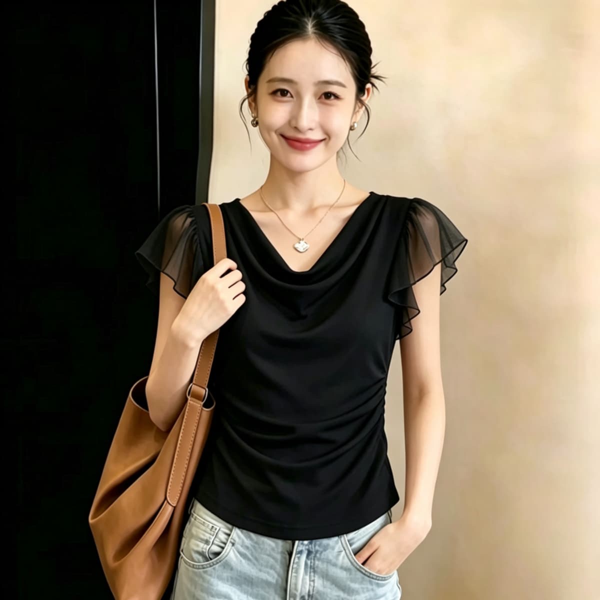 실사 210 그램 좋은 면 빅 사이즈 여성 의류 2026 여름 센스 흔들다 칼라 프릴 반팔 티셔츠 주름 몸매 가꾸기 맨위 이미지 2