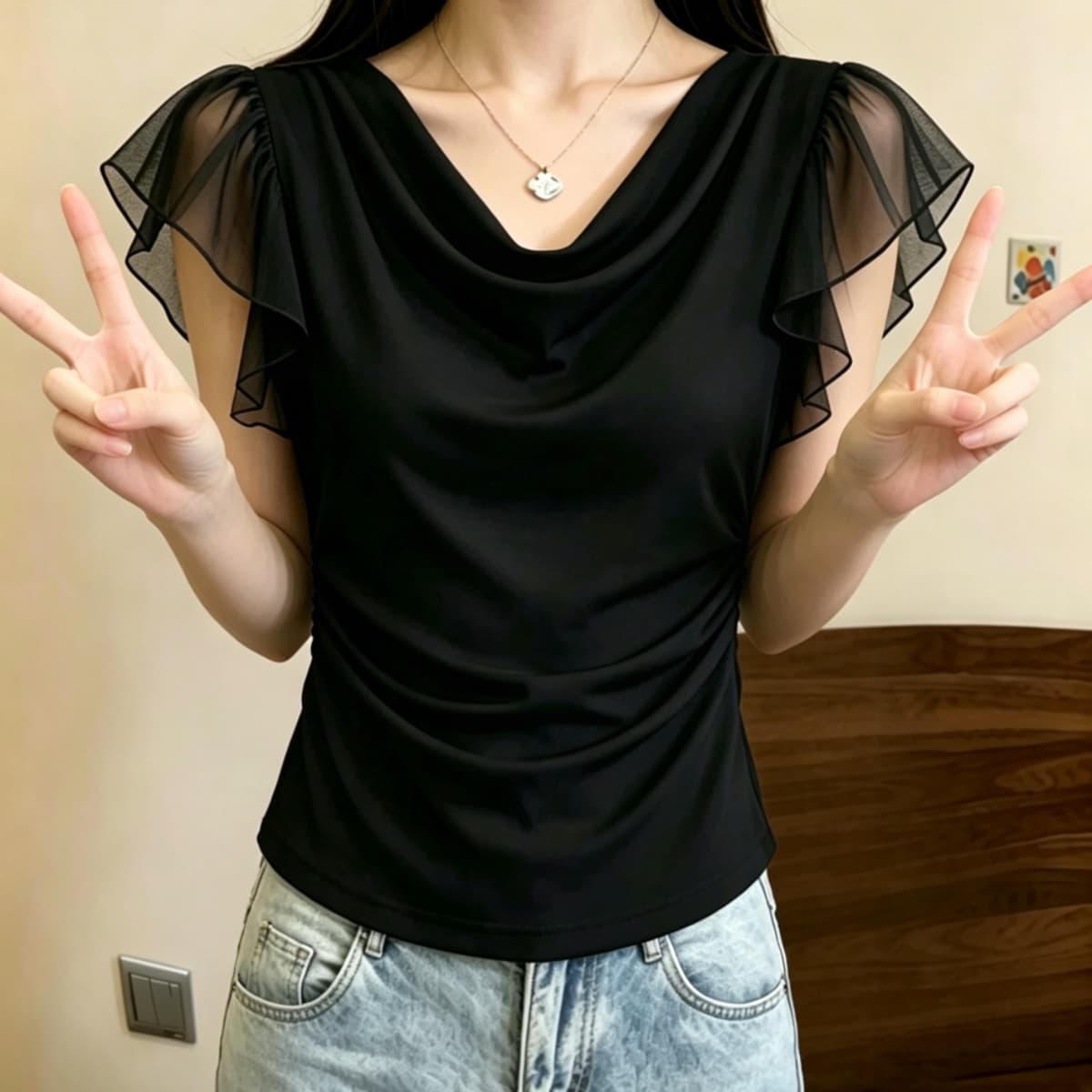 실사 210 그램 좋은 면 빅 사이즈 여성 의류 2026 여름 센스 흔들다 칼라 프릴 반팔 티셔츠 주름 몸매 가꾸기 맨위 상세 이미지 2