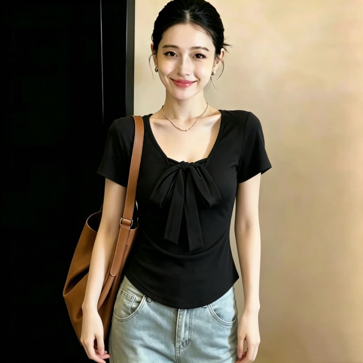 실사 210 그램 좋은 면 빅 사이즈 지방 mm 순수한 욕망 바람 u 칼라 나비 매듭 반팔 티셔츠 여성 여름 다용도 긍정적 인 어깨 의류 상세 이미지 8