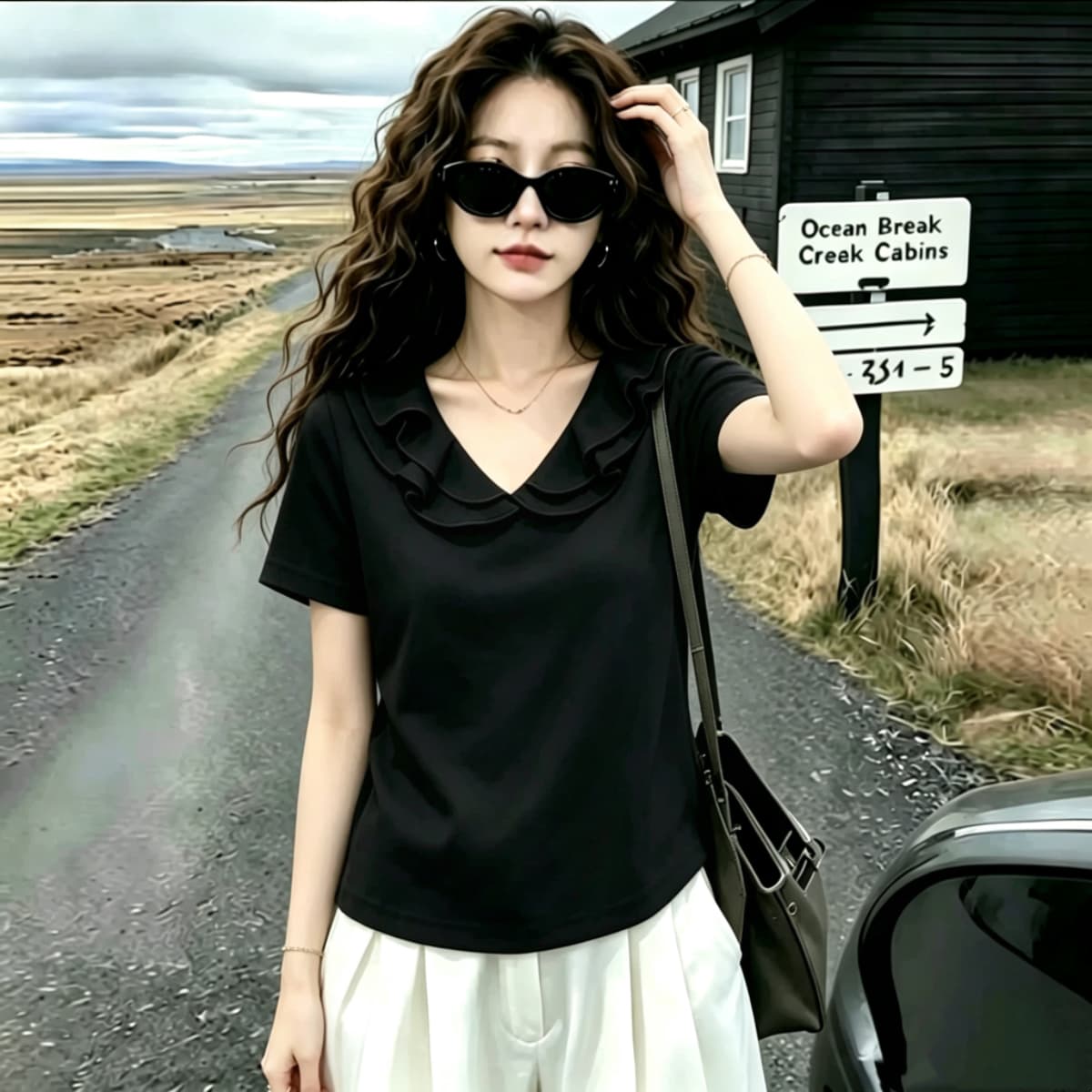 실사 210 그램 좋은 면 V넥 티셔츠 여성 2026 여름 새로운 패션 연령 감소 루즈핏 프릴 반팔 맨위 상세 이미지 4