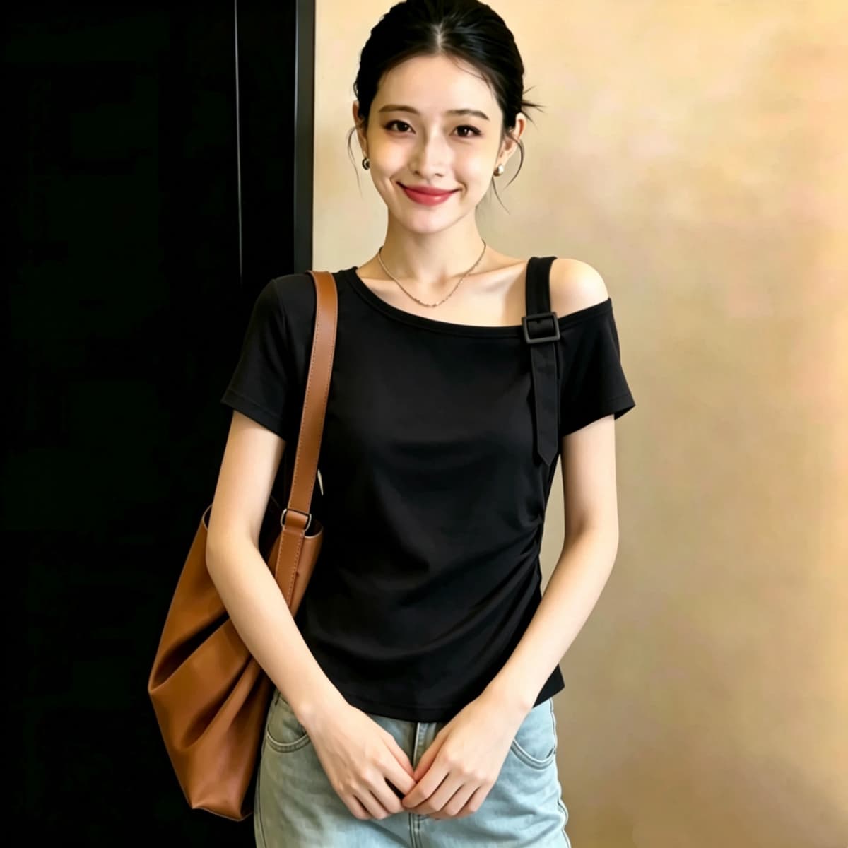 실사 210 그램 좋은 면 빅 사이즈 빅 사이즈 레트로 비스듬한 칼라 오프숄더 반팔 티셔츠 여성 의류 2026 여름 지방 mm 맨위 상세 이미지 5