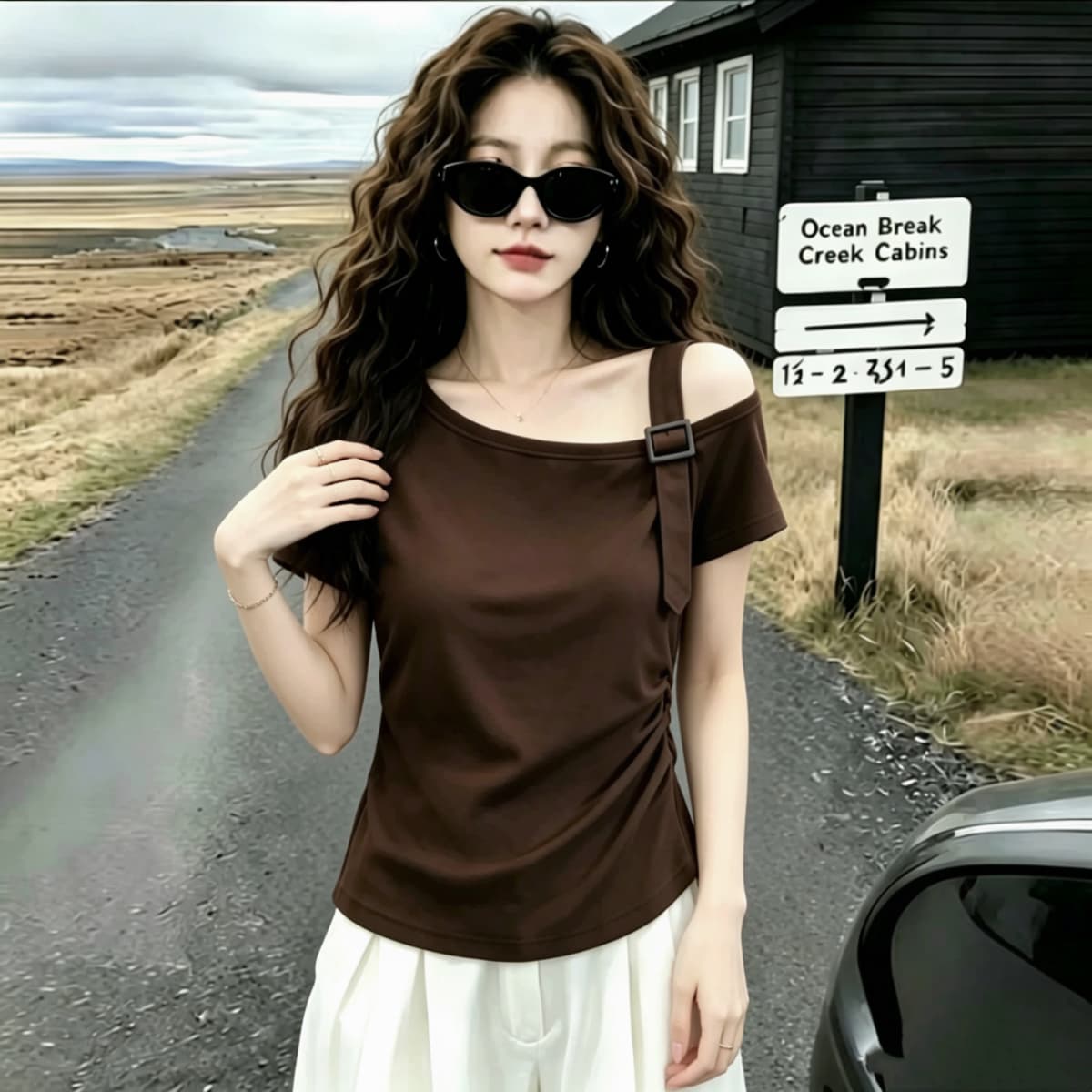 실사 210 그램 좋은 면 빅 사이즈 빅 사이즈 레트로 비스듬한 칼라 오프숄더 반팔 티셔츠 여성 의류 2026 여름 지방 mm 맨위 상세 이미지 3