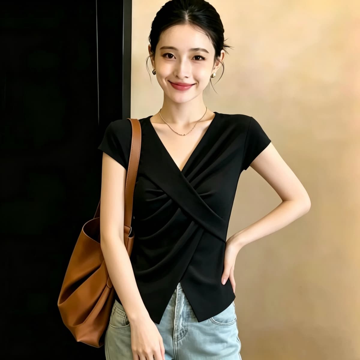 실사 210 그램 좋은 면 2026 여름 단색 다용도 반팔 티셔츠 프랑스식 작은 대중 Chic 디자인 센스 V넥 맨위 상세 이미지 9