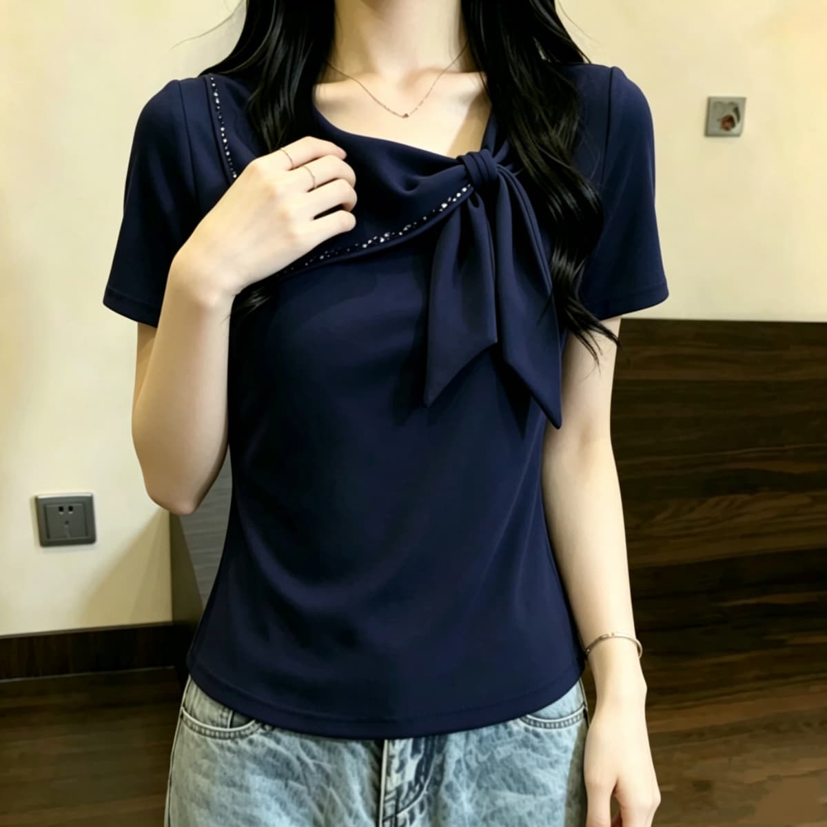 실사 210 그램 좋은 면 빅 사이즈 한 부서 무거운 작업 품격 나비 넥타이 커피 색상 반팔 티셔츠 여성 의류 맨위 상세 이미지 3