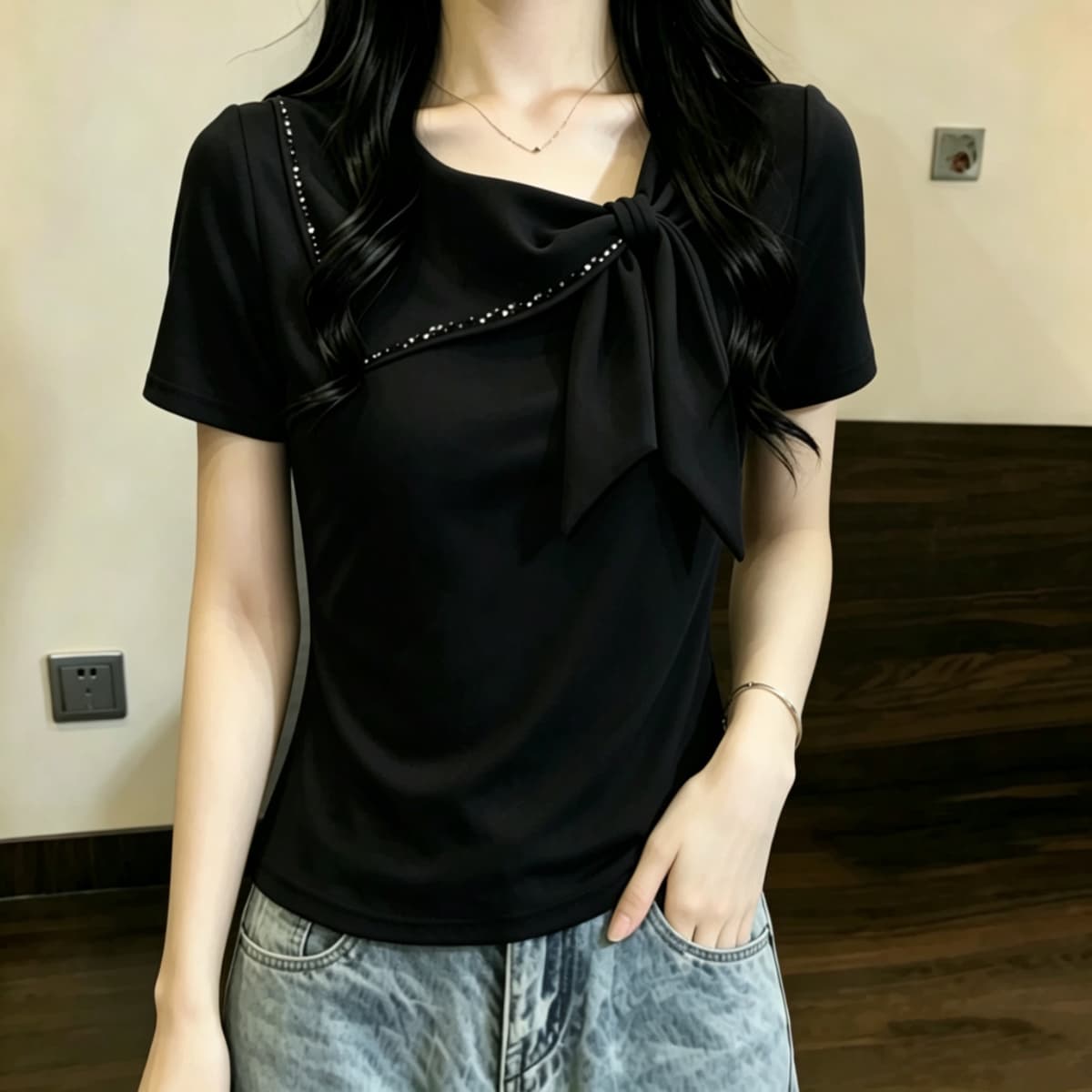 실사 210 그램 좋은 면 빅 사이즈 한 부서 무거운 작업 품격 나비 넥타이 커피 색상 반팔 티셔츠 여성 의류 맨위 상세 이미지 9