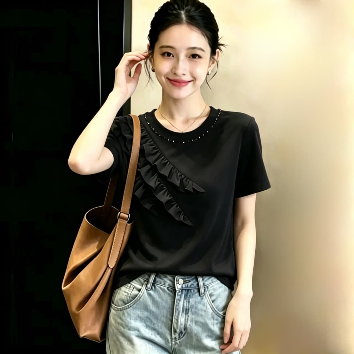 실사 210 그램 좋은 면 2026 여름 빅 사이즈 지방 mm 핀치 Pleat 레이스 다이아몬드 세팅 라운드 넥 반팔 티셔츠 맨위 이미지 5