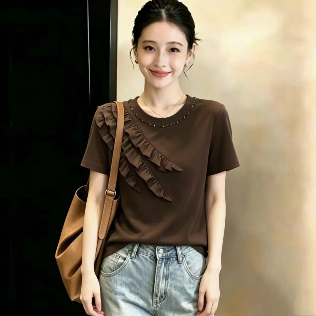 실사 210 그램 좋은 면 2026 여름 빅 사이즈 지방 mm 핀치 Pleat 레이스 다이아몬드 세팅 라운드 넥 반팔 티셔츠 맨위 이미지 3