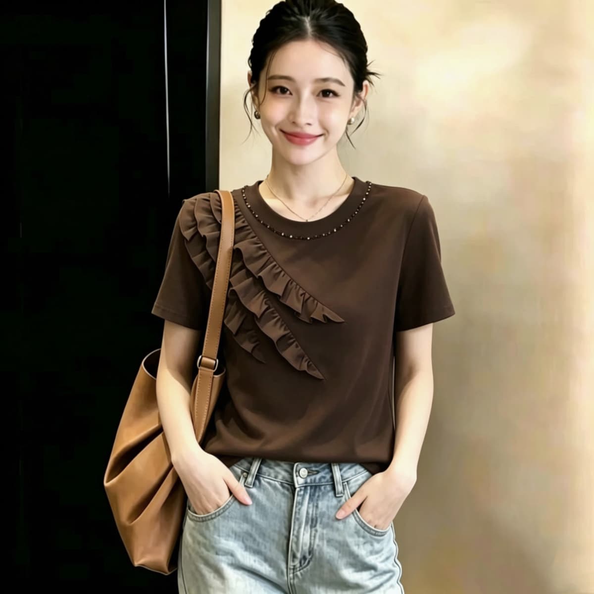 실사 210 그램 좋은 면 2026 여름 빅 사이즈 지방 mm 핀치 Pleat 레이스 다이아몬드 세팅 라운드 넥 반팔 티셔츠 맨위 이미지 4