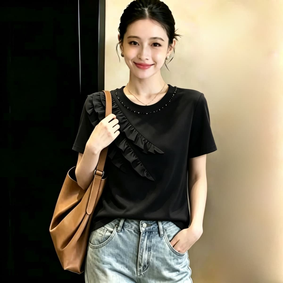 실사 210 그램 좋은 면 2026 여름 빅 사이즈 지방 mm 핀치 Pleat 레이스 다이아몬드 세팅 라운드 넥 반팔 티셔츠 맨위 상세 이미지 2