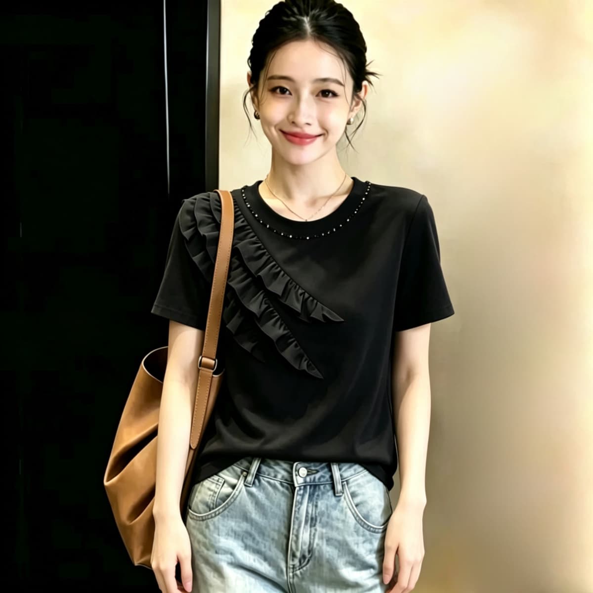 실사 210 그램 좋은 면 2026 여름 빅 사이즈 지방 mm 핀치 Pleat 레이스 다이아몬드 세팅 라운드 넥 반팔 티셔츠 맨위 상세 이미지 3