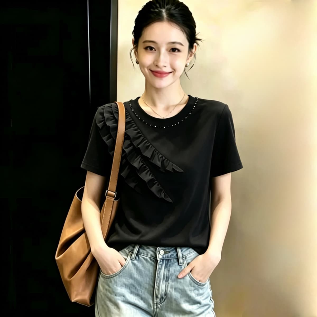 실사 210 그램 좋은 면 2026 여름 빅 사이즈 지방 mm 핀치 Pleat 레이스 다이아몬드 세팅 라운드 넥 반팔 티셔츠 맨위 상세 이미지 4