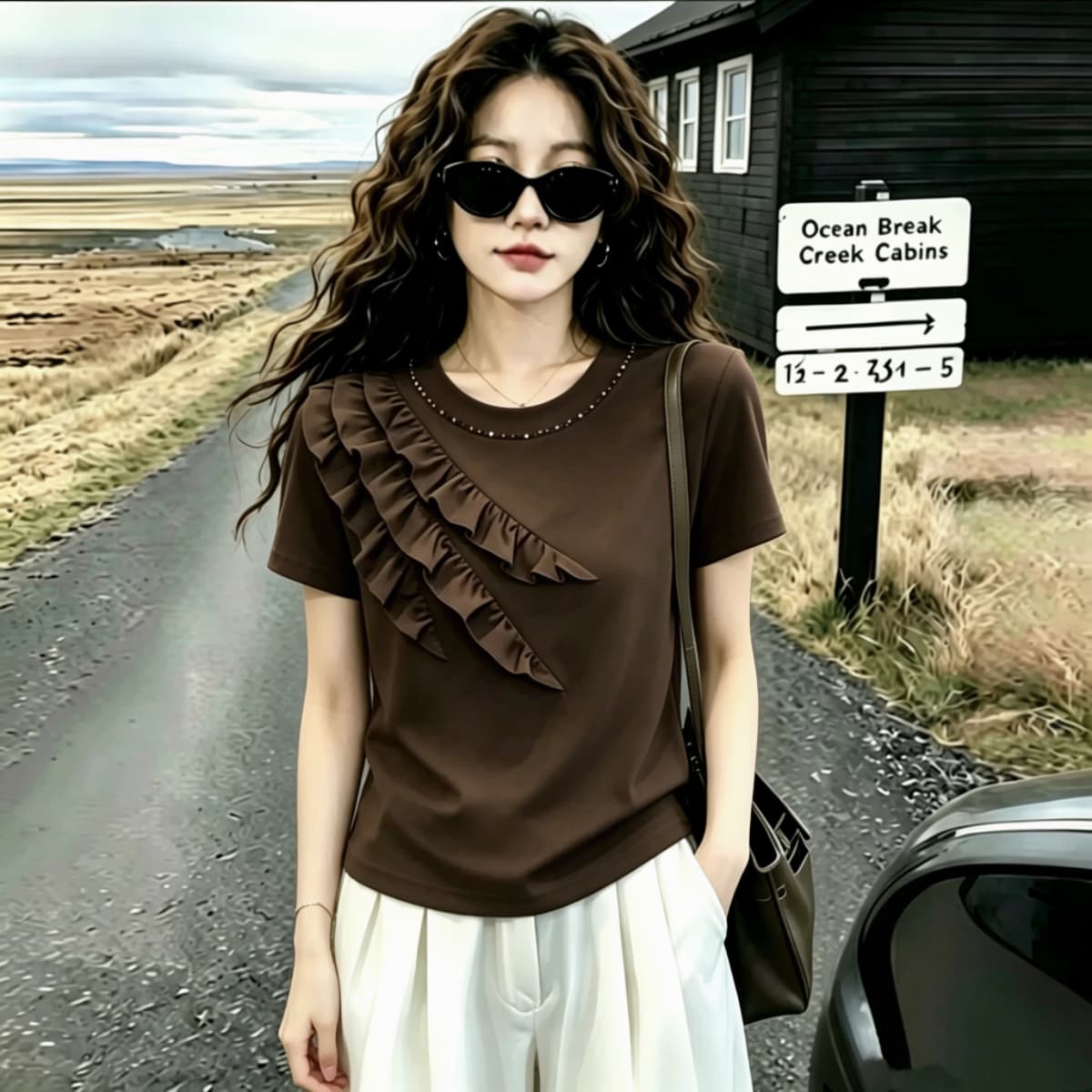 실사 210 그램 좋은 면 2026 여름 빅 사이즈 지방 mm 핀치 Pleat 레이스 다이아몬드 세팅 라운드 넥 반팔 티셔츠 맨위 이미지 4
