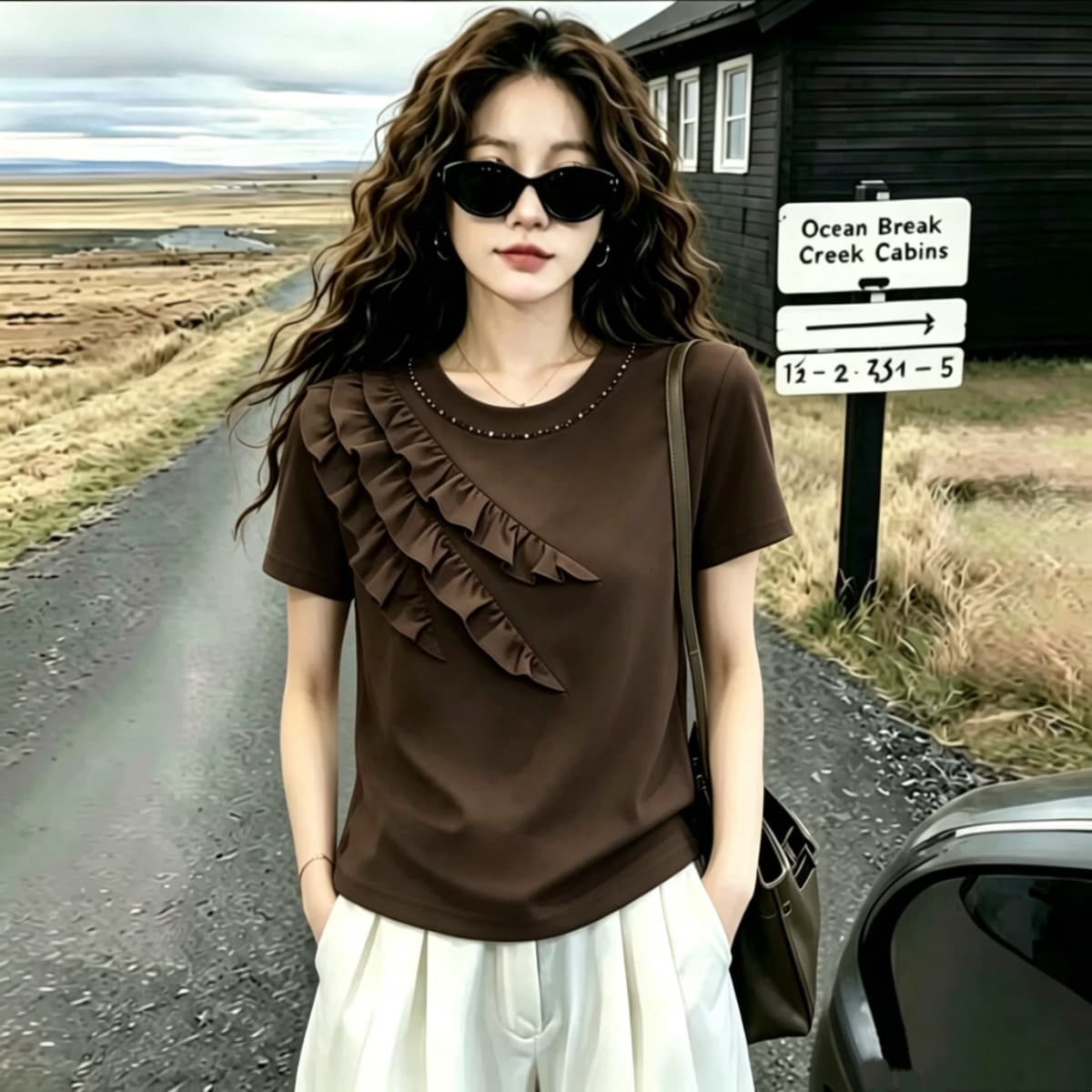 실사 210 그램 좋은 면 2026 여름 빅 사이즈 지방 mm 핀치 Pleat 레이스 다이아몬드 세팅 라운드 넥 반팔 티셔츠 맨위 상세 이미지 2