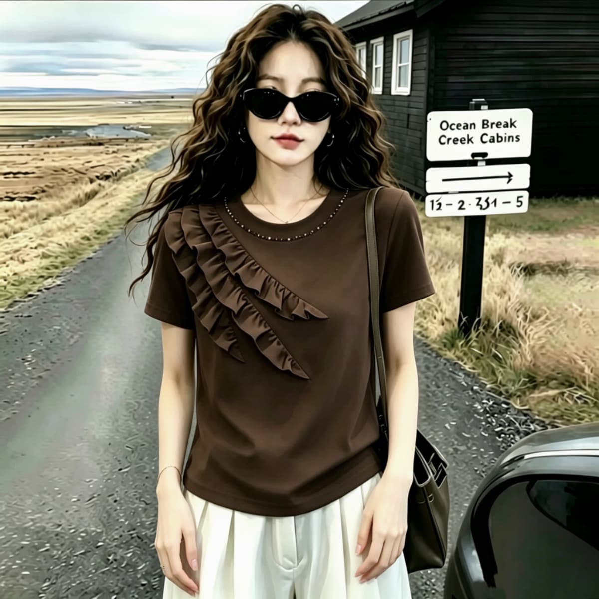 실사 210 그램 좋은 면 2026 여름 빅 사이즈 지방 mm 핀치 Pleat 레이스 다이아몬드 세팅 라운드 넥 반팔 티셔츠 맨위 상세 이미지 3