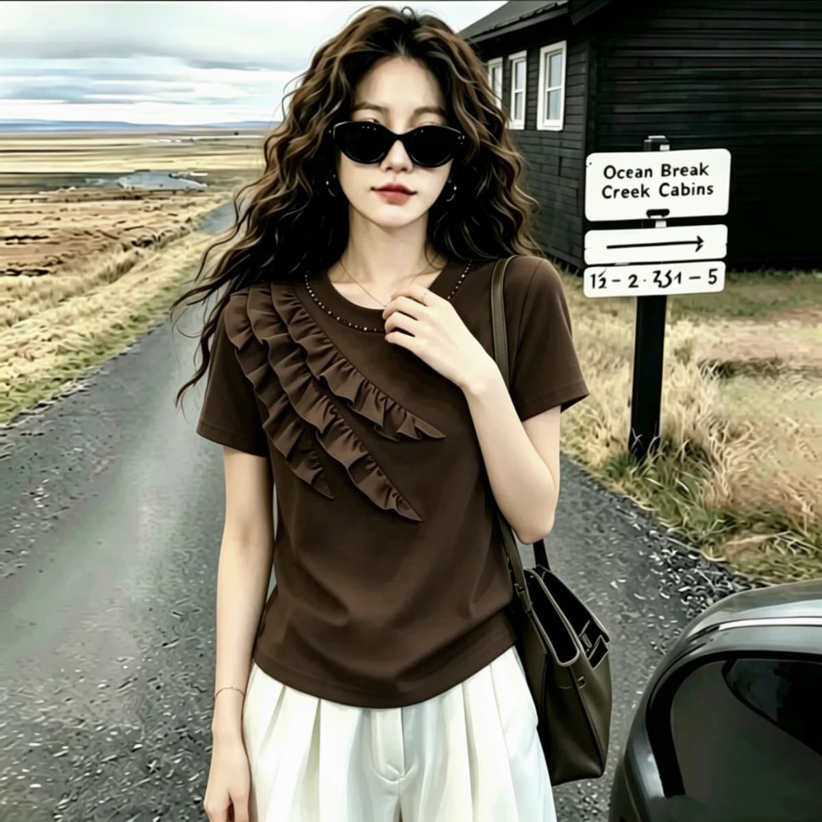 실사 210 그램 좋은 면 2026 여름 빅 사이즈 지방 mm 핀치 Pleat 레이스 다이아몬드 세팅 라운드 넥 반팔 티셔츠 맨위 상세 이미지 5