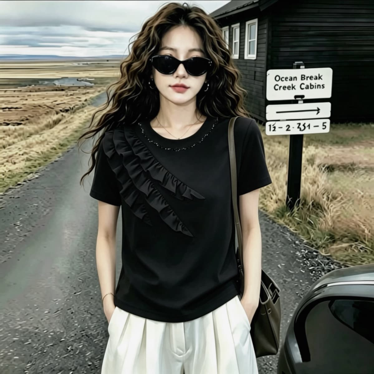 실사 210 그램 좋은 면 2026 여름 빅 사이즈 지방 mm 핀치 Pleat 레이스 다이아몬드 세팅 라운드 넥 반팔 티셔츠 맨위 상세 이미지 6