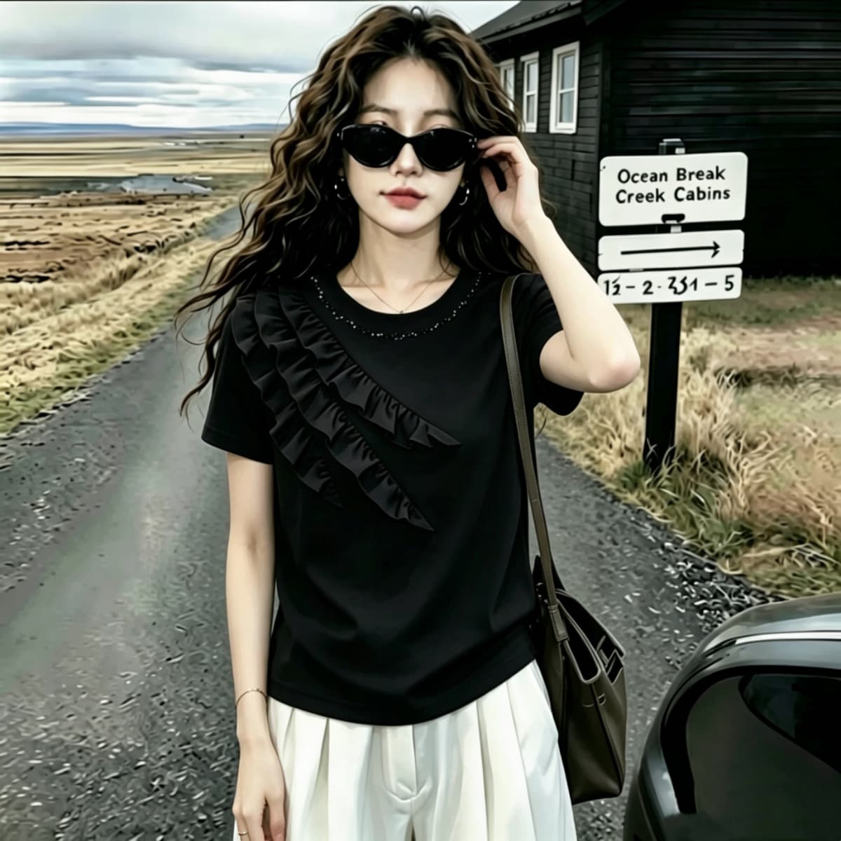 실사 210 그램 좋은 면 2026 여름 빅 사이즈 지방 mm 핀치 Pleat 레이스 다이아몬드 세팅 라운드 넥 반팔 티셔츠 맨위 상세 이미지 7