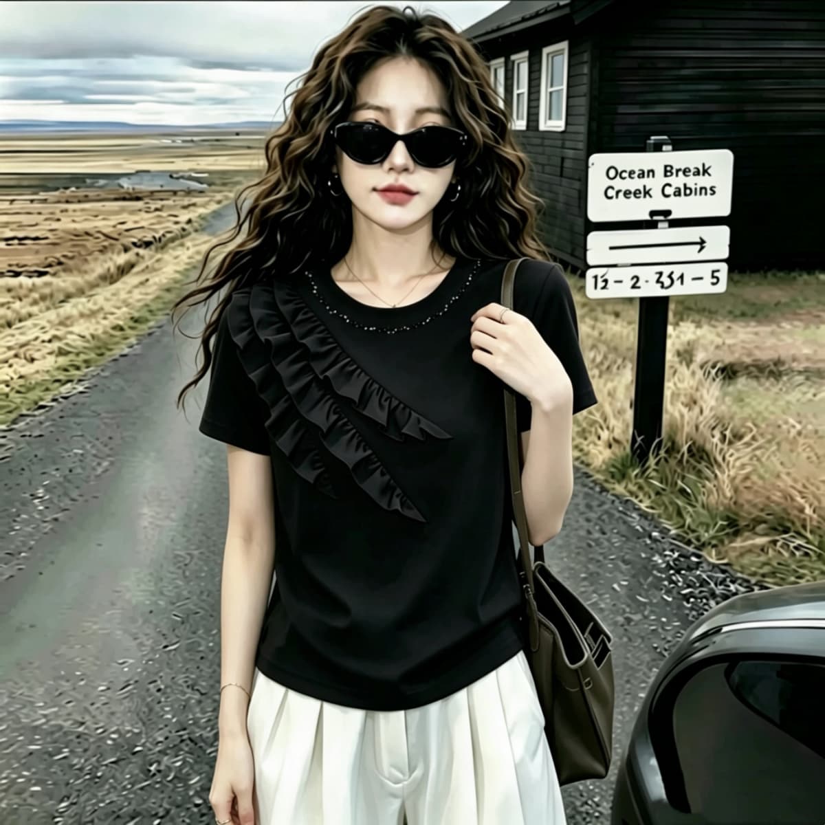 실사 210 그램 좋은 면 2026 여름 빅 사이즈 지방 mm 핀치 Pleat 레이스 다이아몬드 세팅 라운드 넥 반팔 티셔츠 맨위 상세 이미지 8
