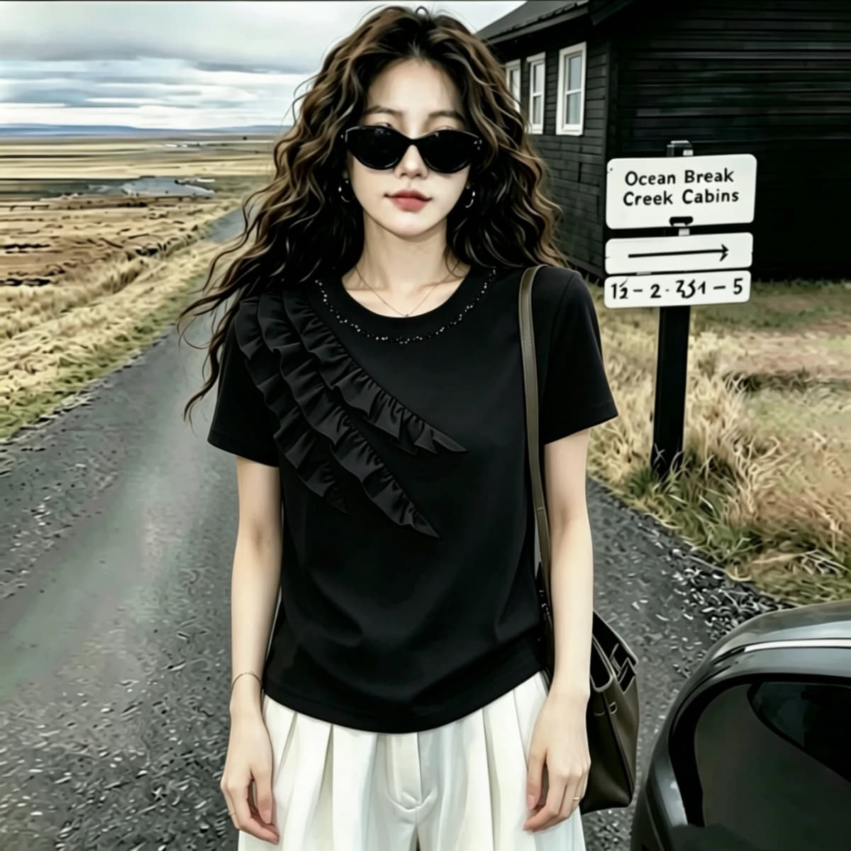 실사 210 그램 좋은 면 2026 여름 빅 사이즈 지방 mm 핀치 Pleat 레이스 다이아몬드 세팅 라운드 넥 반팔 티셔츠 맨위 상세 이미지 9