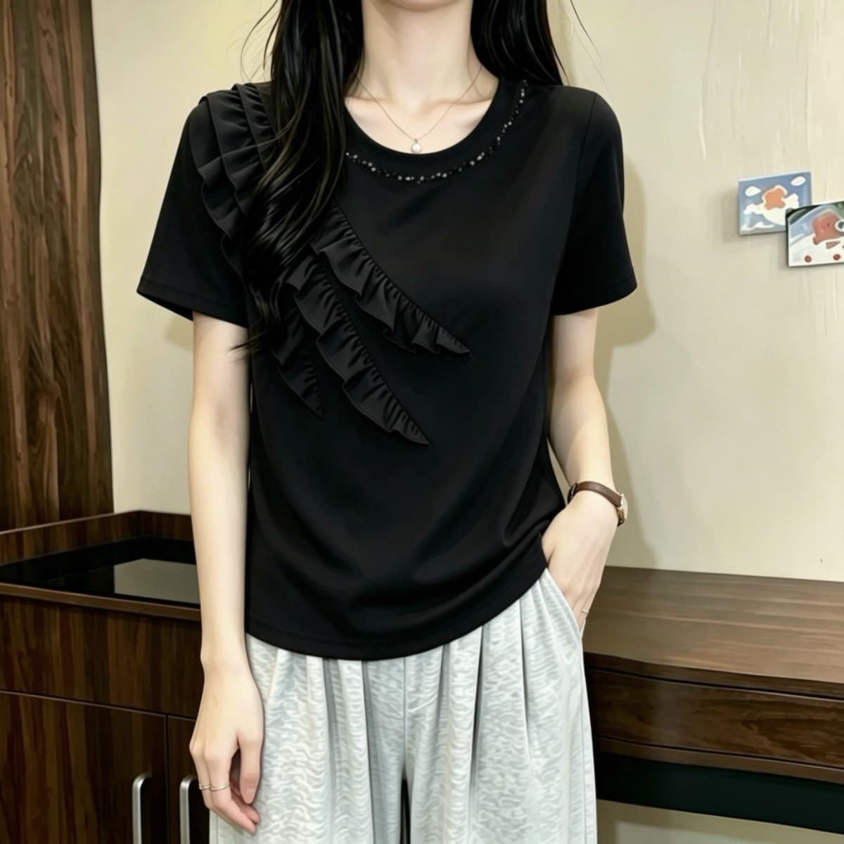 실사 210 그램 좋은 면 2026 여름 빅 사이즈 지방 mm 핀치 Pleat 레이스 다이아몬드 세팅 라운드 넥 반팔 티셔츠 맨위 이미지 3