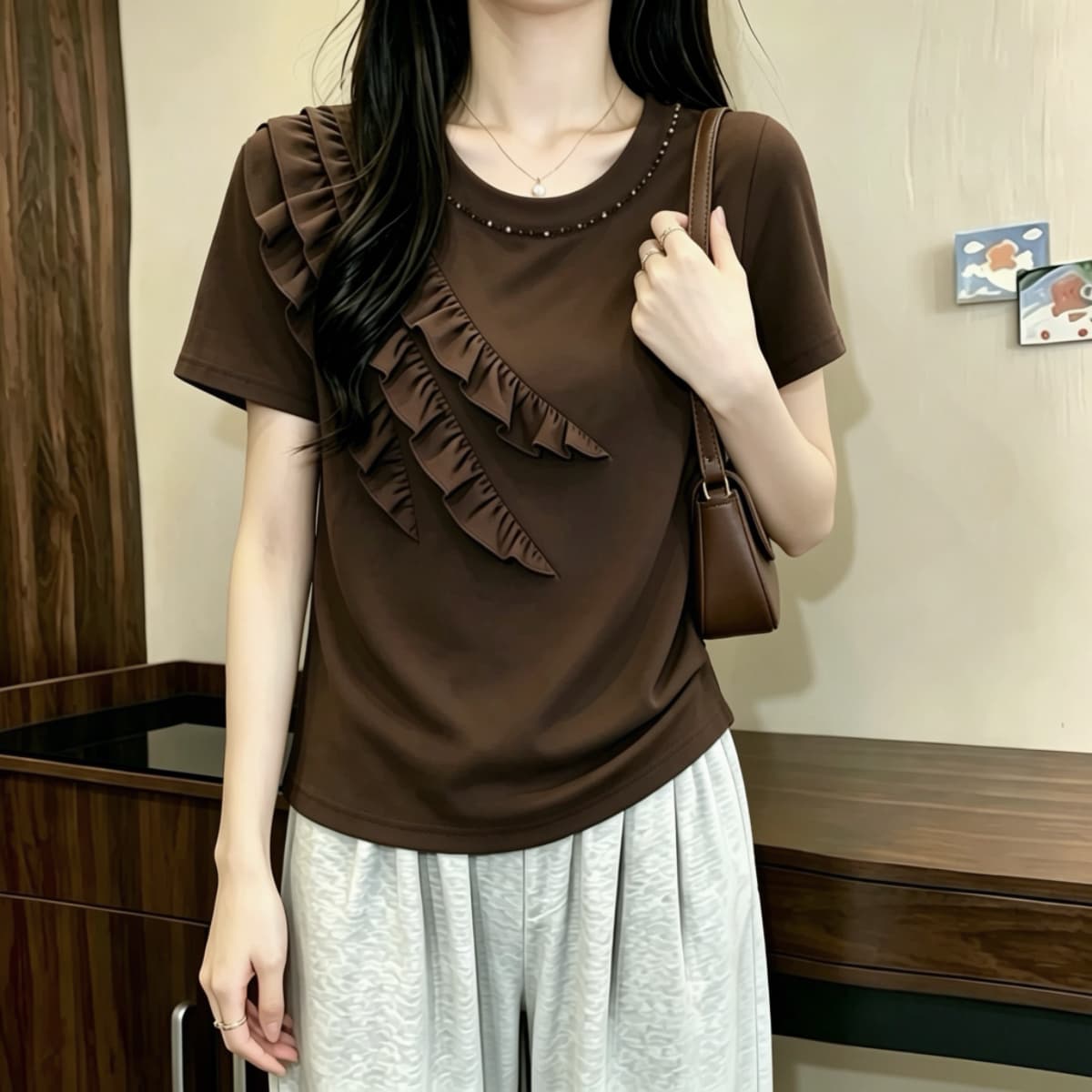 실사 210 그램 좋은 면 2026 여름 빅 사이즈 지방 mm 핀치 Pleat 레이스 다이아몬드 세팅 라운드 넥 반팔 티셔츠 맨위 상세 이미지 3