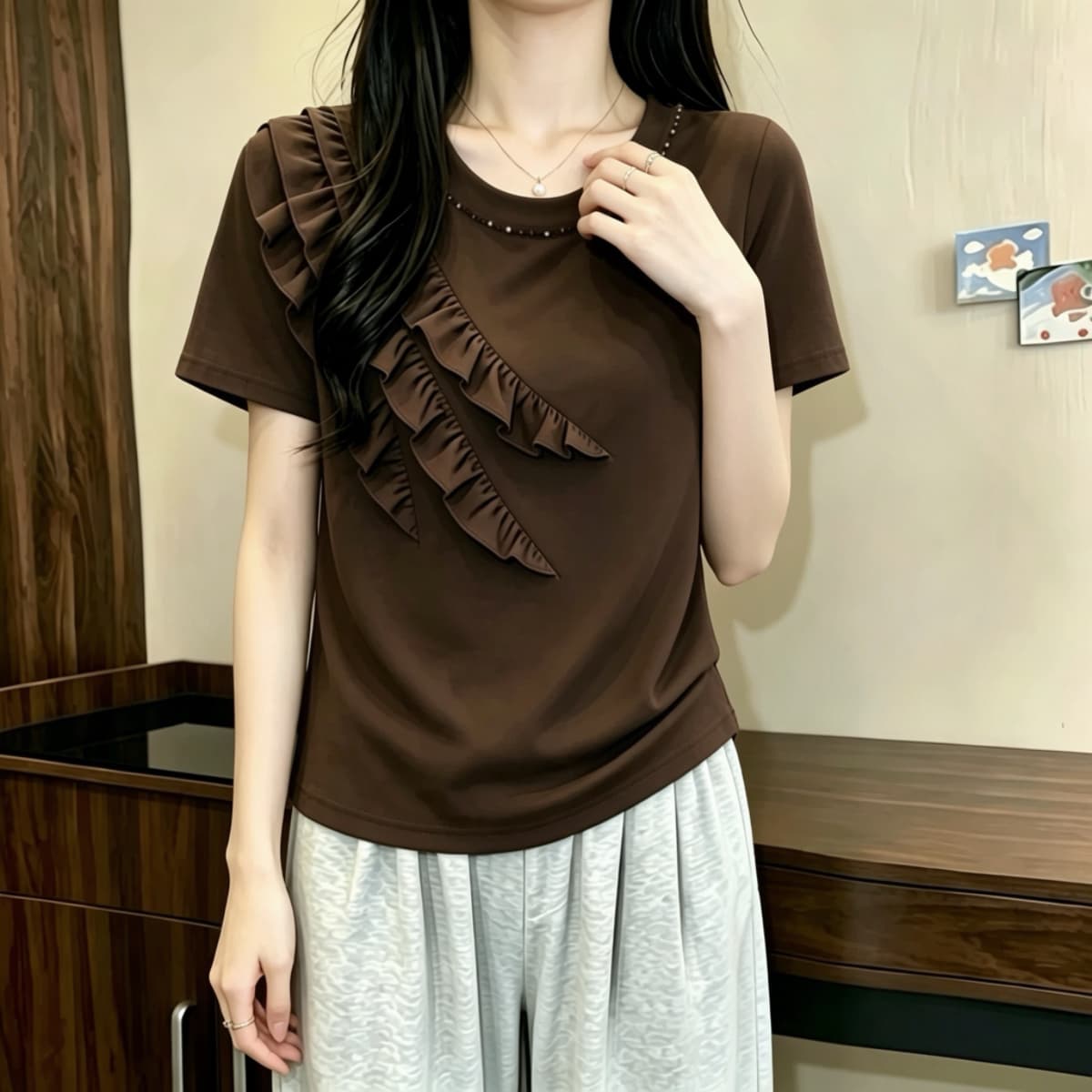 실사 210 그램 좋은 면 2026 여름 빅 사이즈 지방 mm 핀치 Pleat 레이스 다이아몬드 세팅 라운드 넥 반팔 티셔츠 맨위 상세 이미지 5