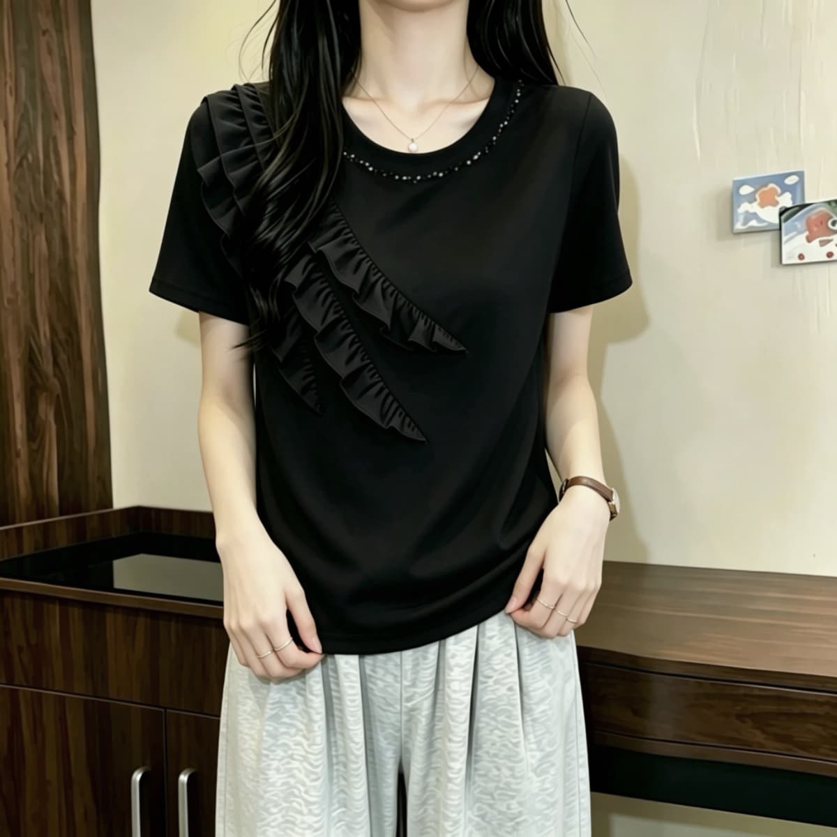 실사 210 그램 좋은 면 2026 여름 빅 사이즈 지방 mm 핀치 Pleat 레이스 다이아몬드 세팅 라운드 넥 반팔 티셔츠 맨위 상세 이미지 7