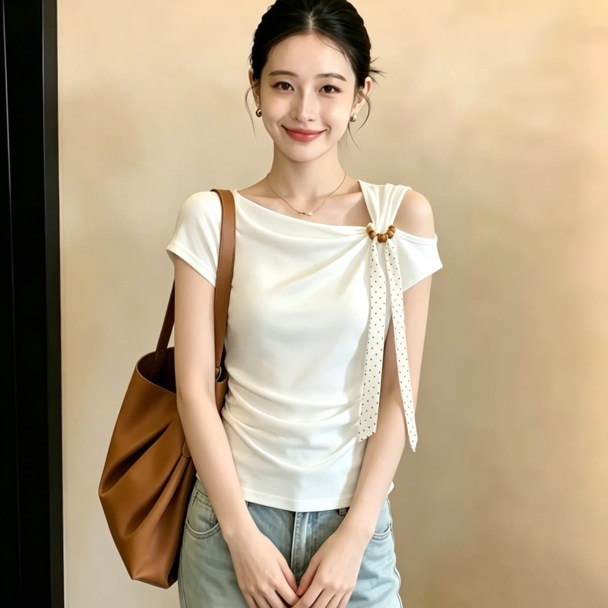 실사 210 그램 좋은 면 2026 여름 빅 사이즈 지방 mm 스카프 비스듬한 오프숄더 디자인 센스 반팔 티셔츠 슬림해 보이는 맨위 상세 이미지 4