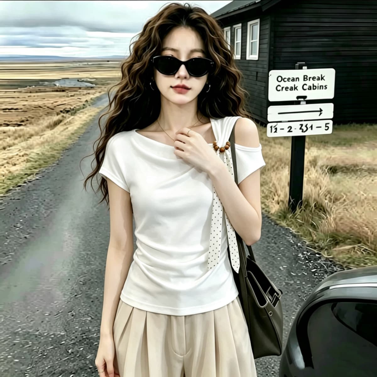 실사 210 그램 좋은 면 2026 여름 빅 사이즈 지방 mm 스카프 비스듬한 오프숄더 디자인 센스 반팔 티셔츠 슬림해 보이는 맨위 상세 이미지 8