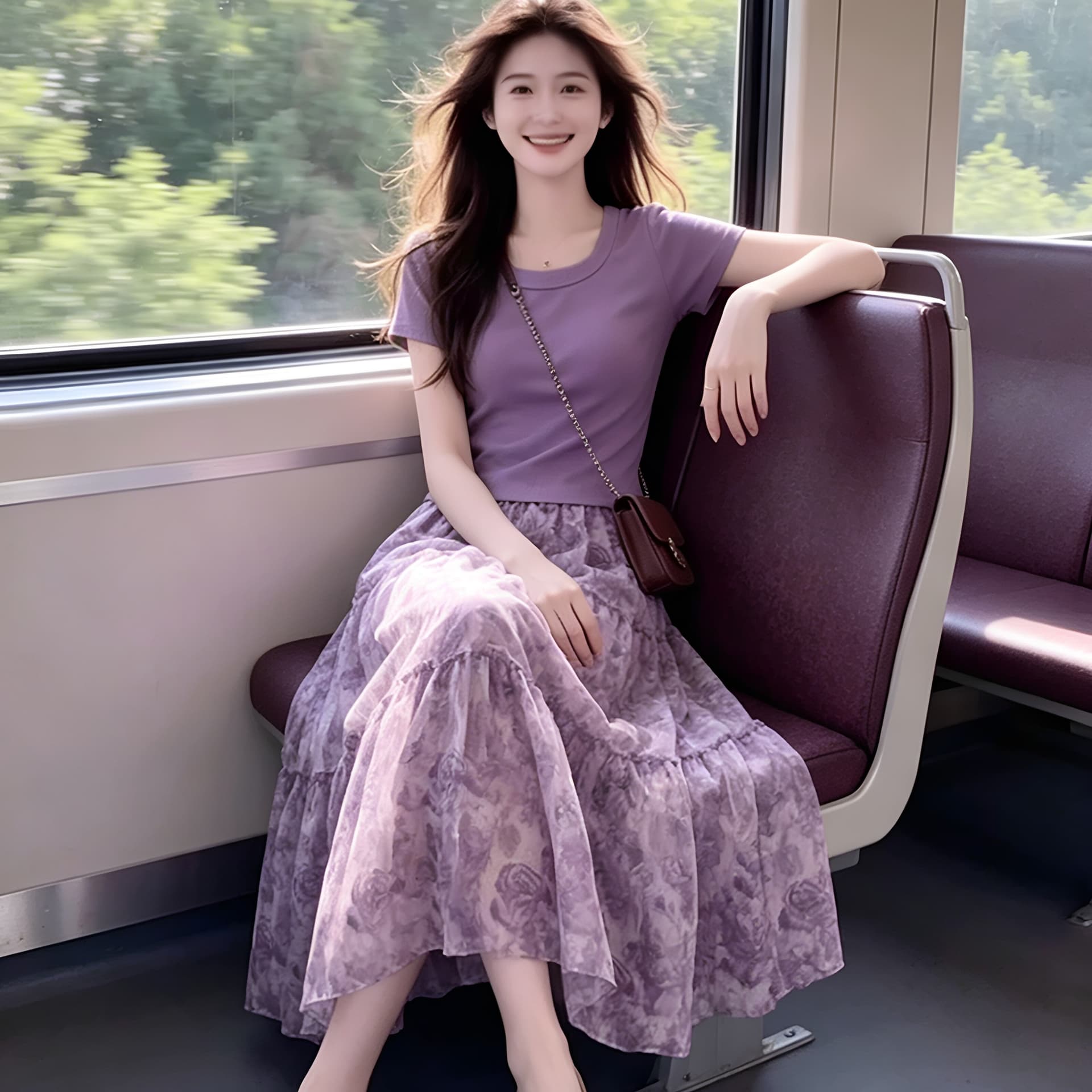 실사 210 그램 좋은 면 2026 여름 외국 가스 라운드 넥 반팔 맨위 빛 럭셔리 품격 꽃무늬 반신 스커트 투피스 세트 이미지 4