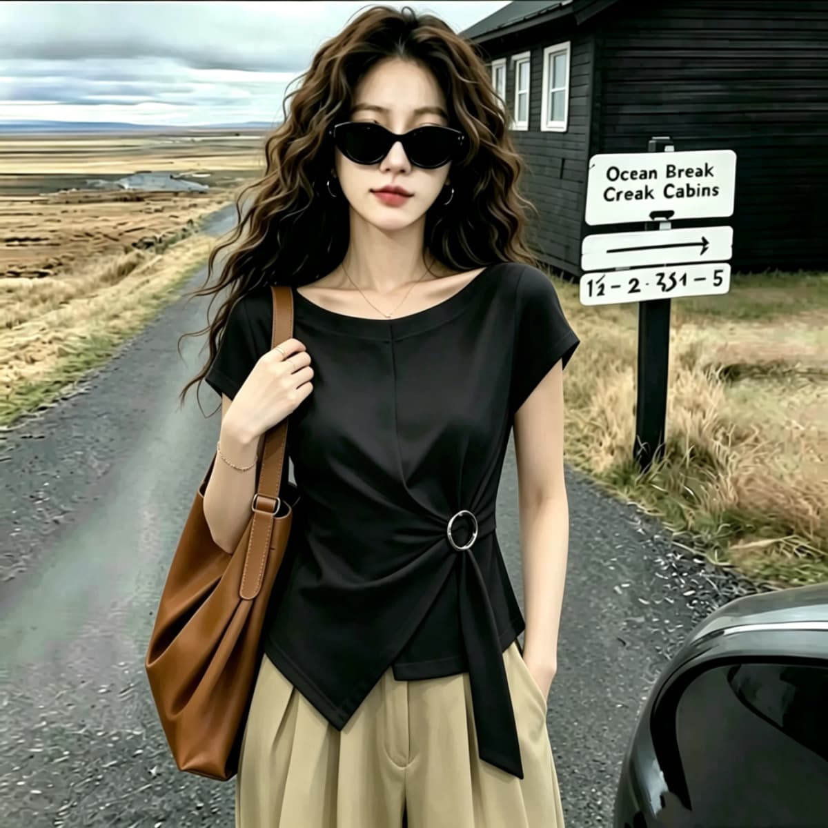실사 210 그램 좋은 면 빅 사이즈 여성 의류 2026 여름 보트넥 어깨 불규칙 패치워크 트임 레이스업 반팔