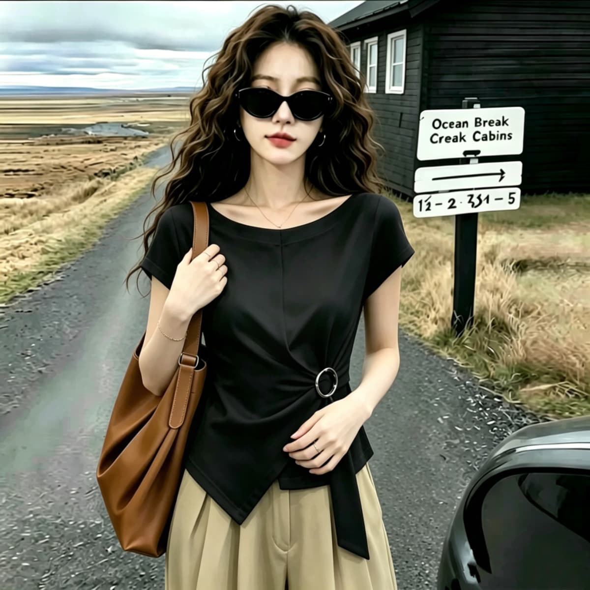 실사 210 그램 좋은 면 빅 사이즈 여성 의류 2026 여름 보트넥 어깨 불규칙 패치워크 트임 레이스업 반팔 상세 이미지 4