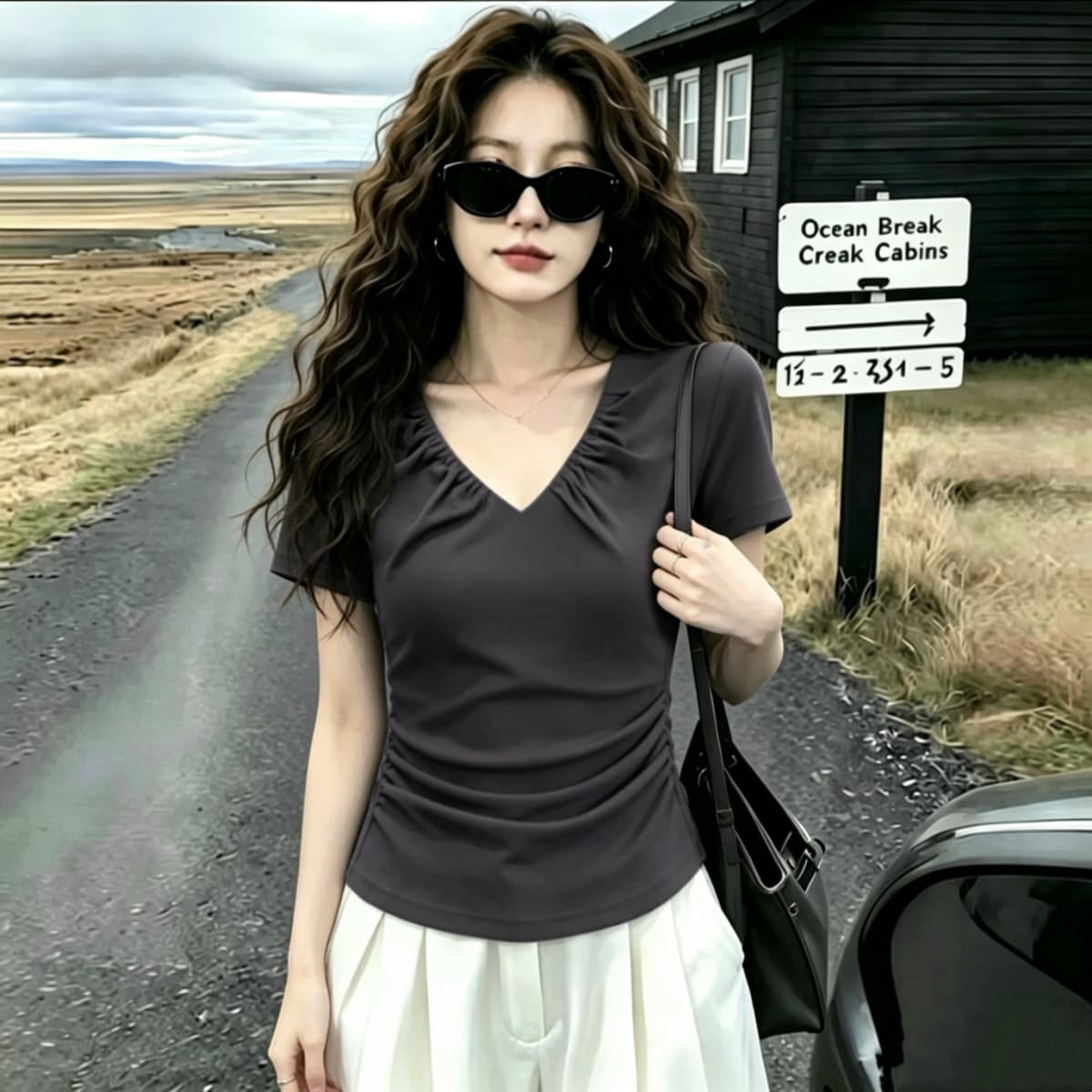 실사 210 그램 좋은 면 빅 사이즈 여성 의류 어두운 회색 V넥 펌프 Pleat 반팔 티셔츠 여성 2026 여름 Chic 맨위 이미지 5