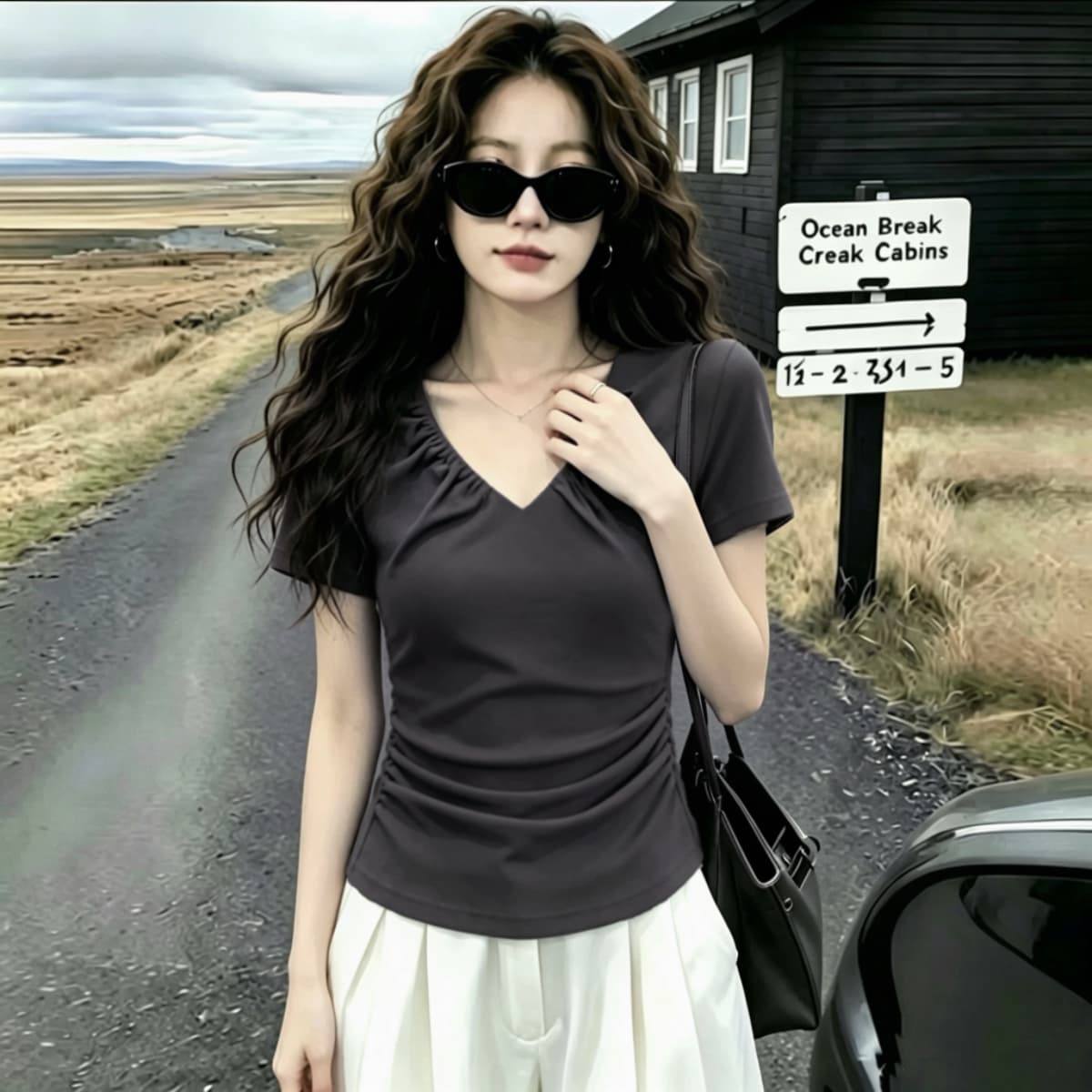 실사 210 그램 좋은 면 빅 사이즈 여성 의류 어두운 회색 V넥 펌프 Pleat 반팔 티셔츠 여성 2026 여름 Chic 맨위 상세 이미지 3