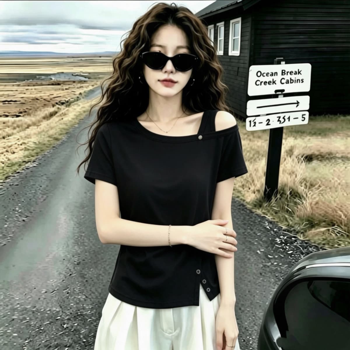 실사 210 그램 좋은 면 2026 여름 새로운 빅 사이즈 여성 의류 불규칙 디자인 비스듬한 칼라 오프숄더 반팔 맨위 상세 이미지 4
