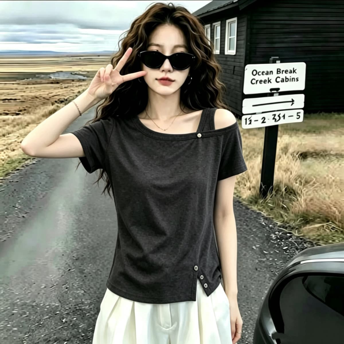 실사 210 그램 좋은 면 2026 여름 새로운 빅 사이즈 여성 의류 불규칙 디자인 비스듬한 칼라 오프숄더 반팔 맨위 상세 이미지 7