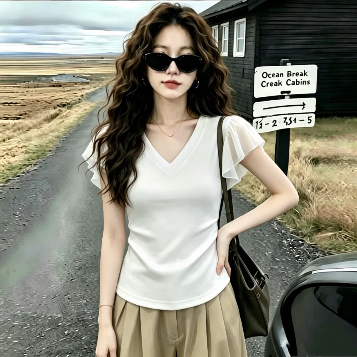 실사 210 그램 좋은 면 빅 사이즈 여성 의류 2026 여름 V넥 프릴 반팔 티셔츠 주름 몸매 가꾸기 맨위 이미지 5