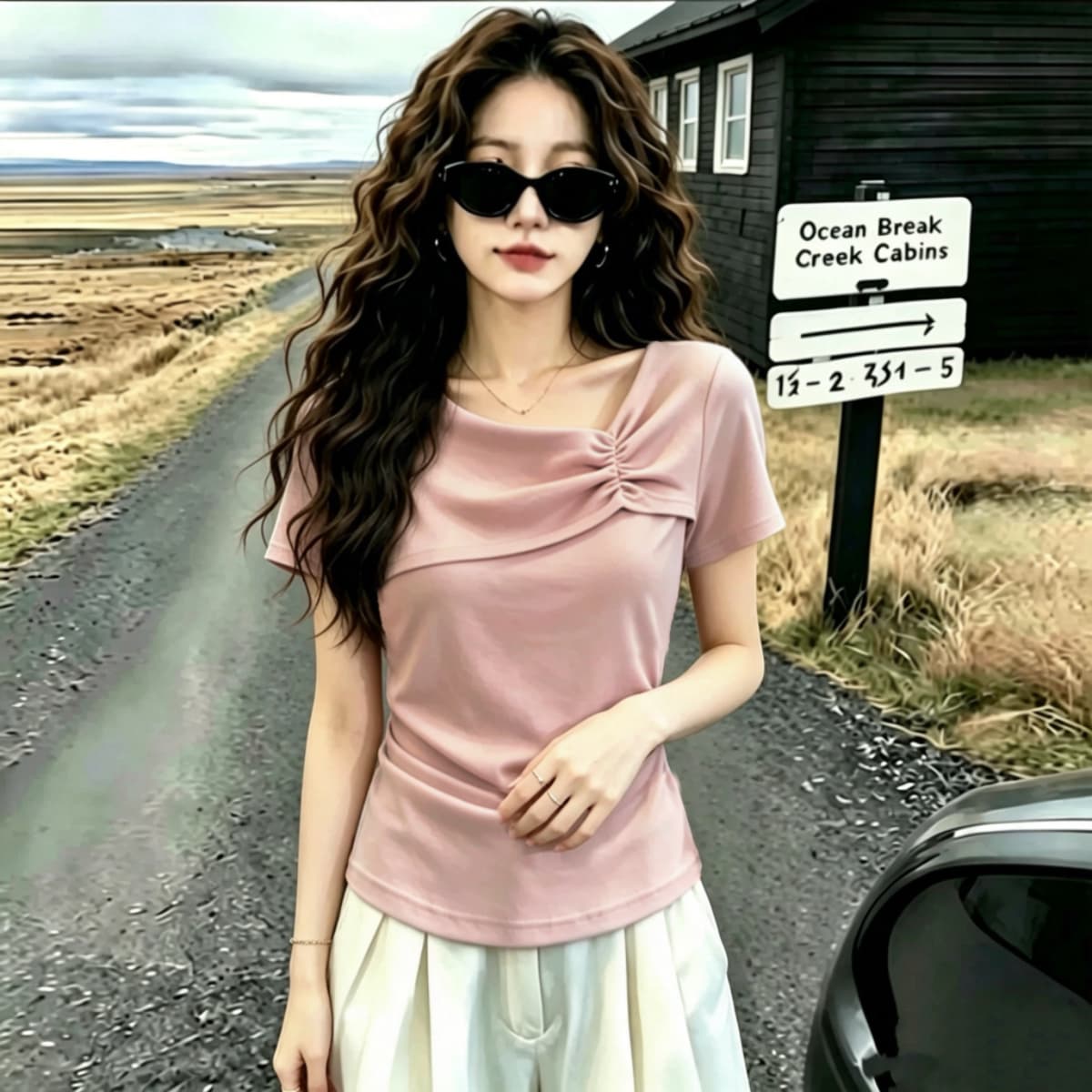 실사 210 그램 좋은 면 2026 여름 새로운 빅 사이즈 여성 의류 품격 비스듬한 칼라 반팔 주름 허리 수축 슬림해 보이는 맨위 이미지 3