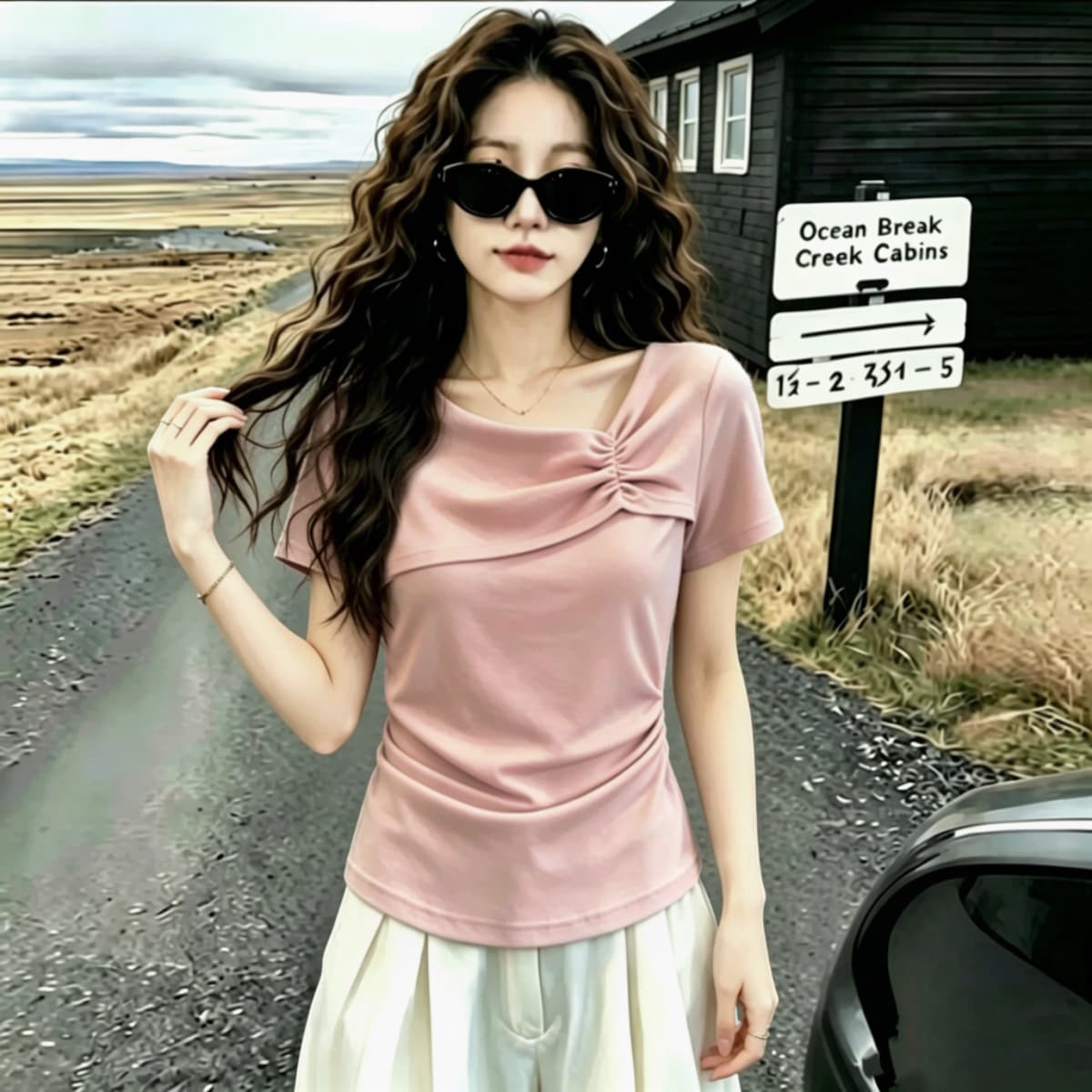 실사 210 그램 좋은 면 2026 여름 새로운 빅 사이즈 여성 의류 품격 비스듬한 칼라 반팔 주름 허리 수축 슬림해 보이는 맨위 상세 이미지 3