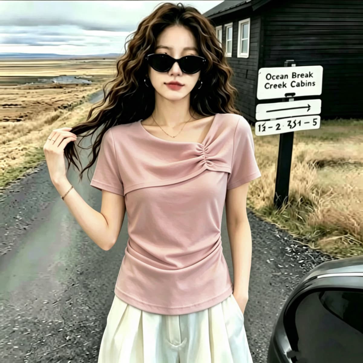 실사 210 그램 좋은 면 2026 여름 새로운 빅 사이즈 여성 의류 품격 비스듬한 칼라 반팔 주름 허리 수축 슬림해 보이는 맨위 상세 이미지 5